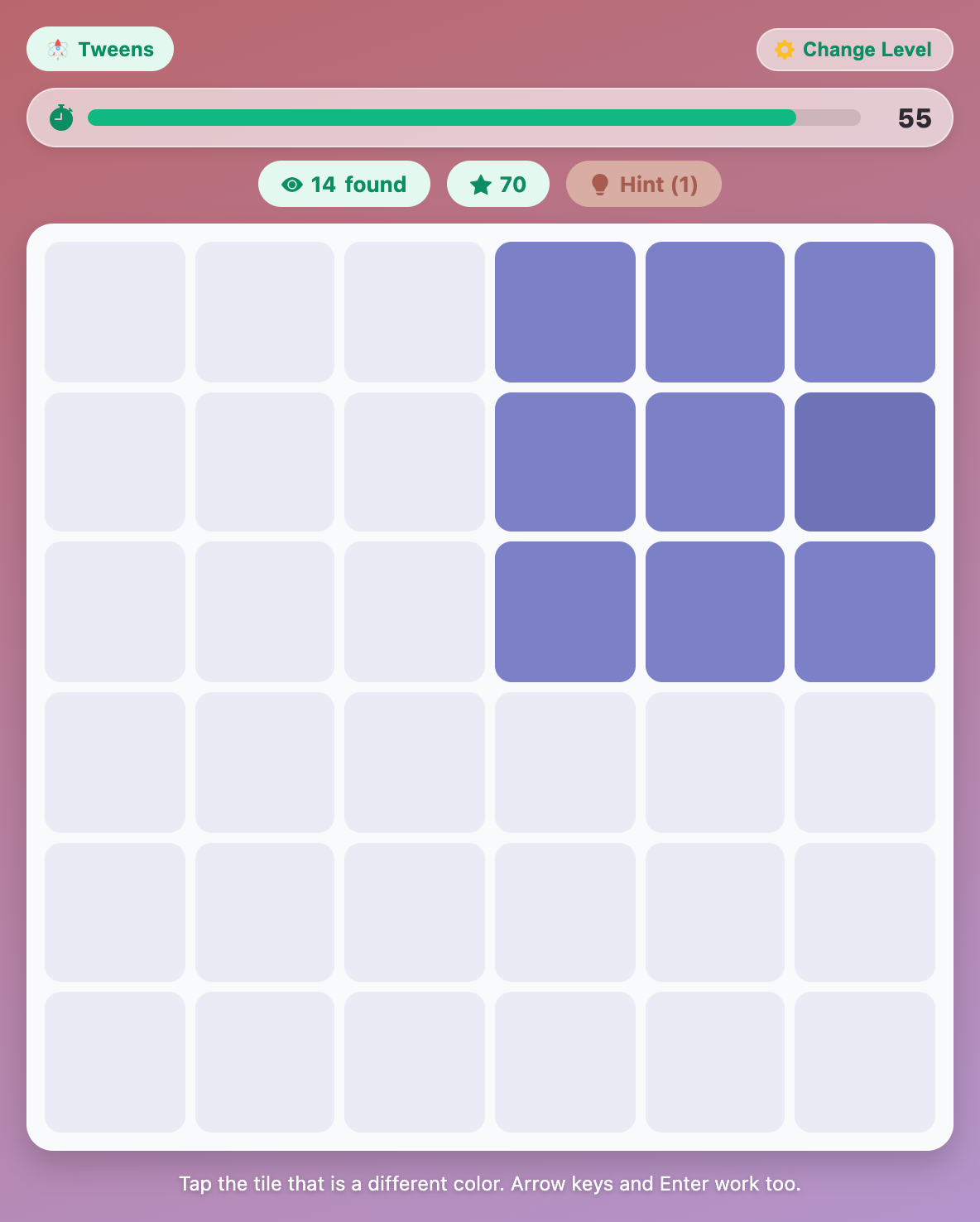 a 6x6 grid of purple tiles in Odd Shade Out for tweens, with the hint lighting only one corner