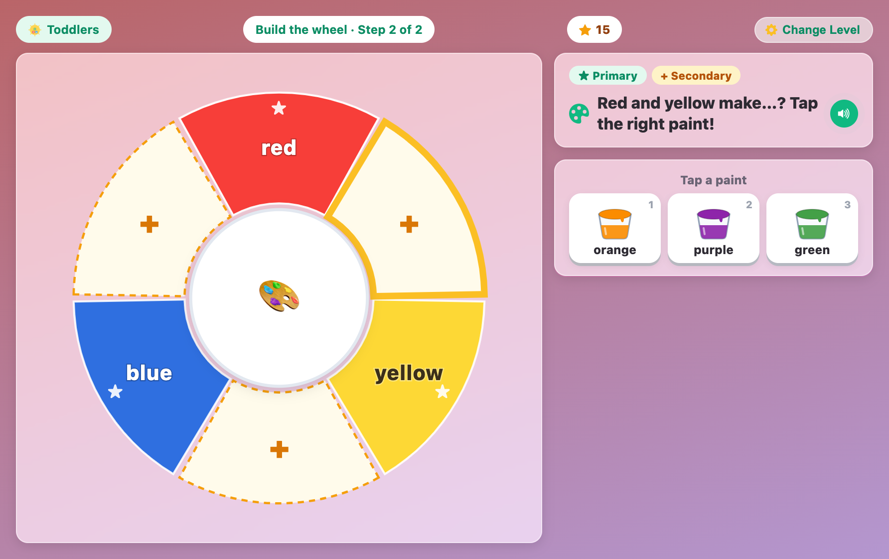 a toddler wheel with red, yellow and blue in place and the task asking what red and yellow make