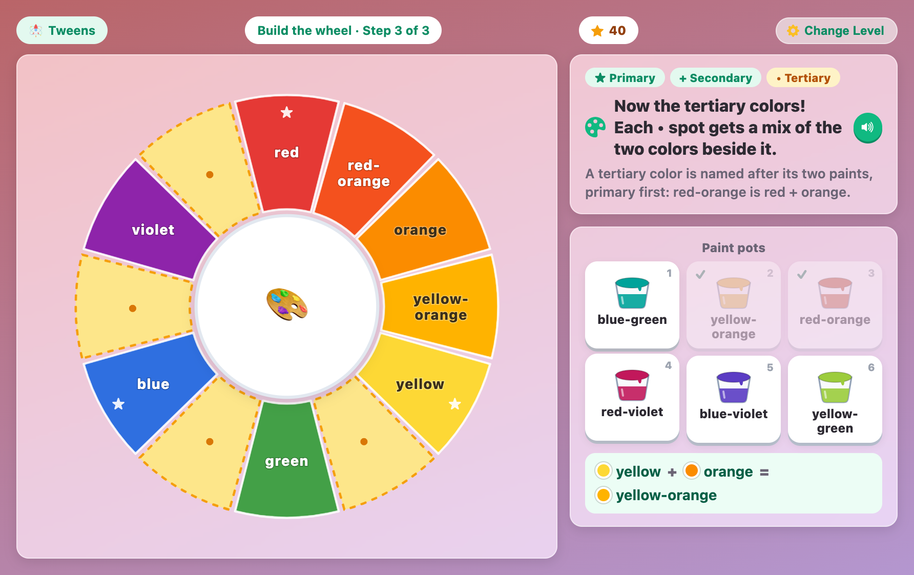 a 12-color wheel half built in Color Wheel Builder for tweens, with yellow plus orange making yellow-orange