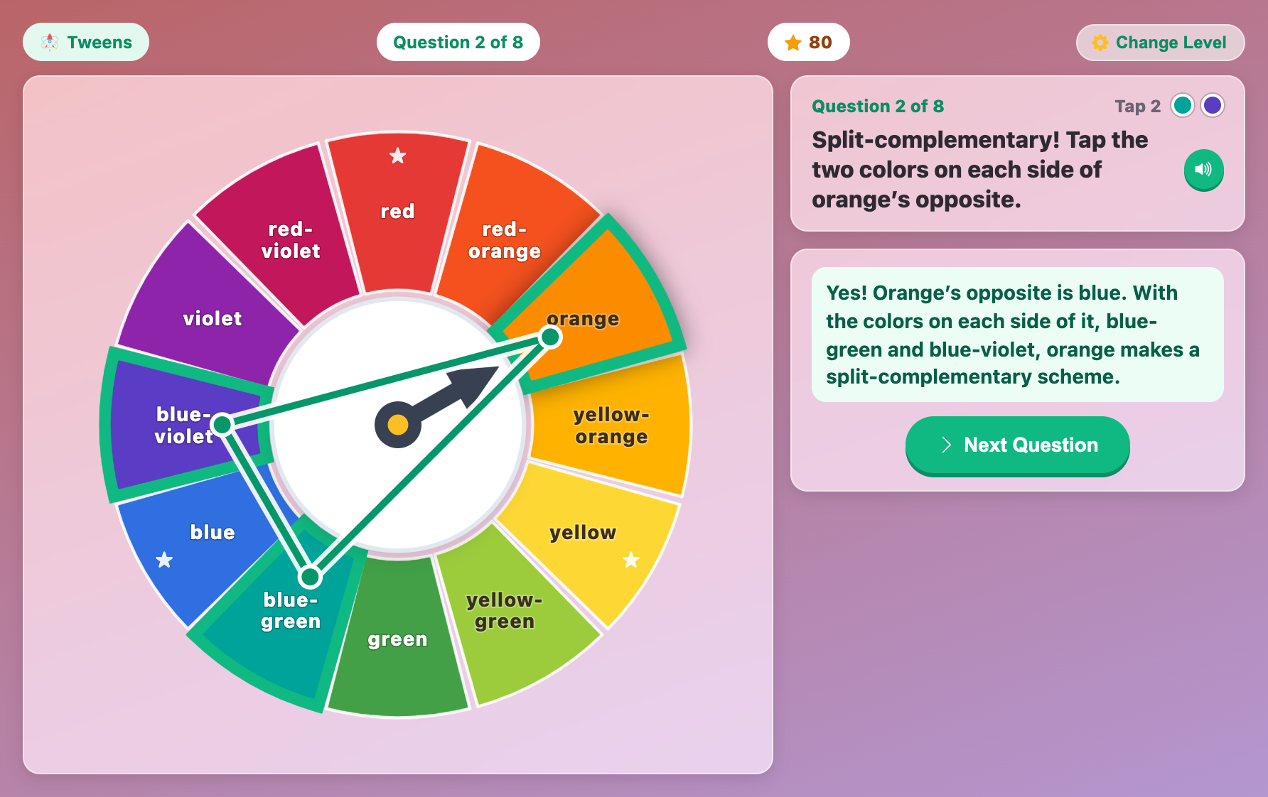 a split-complementary question answered with a triangle from orange to blue-green and blue-violet on the wheel
