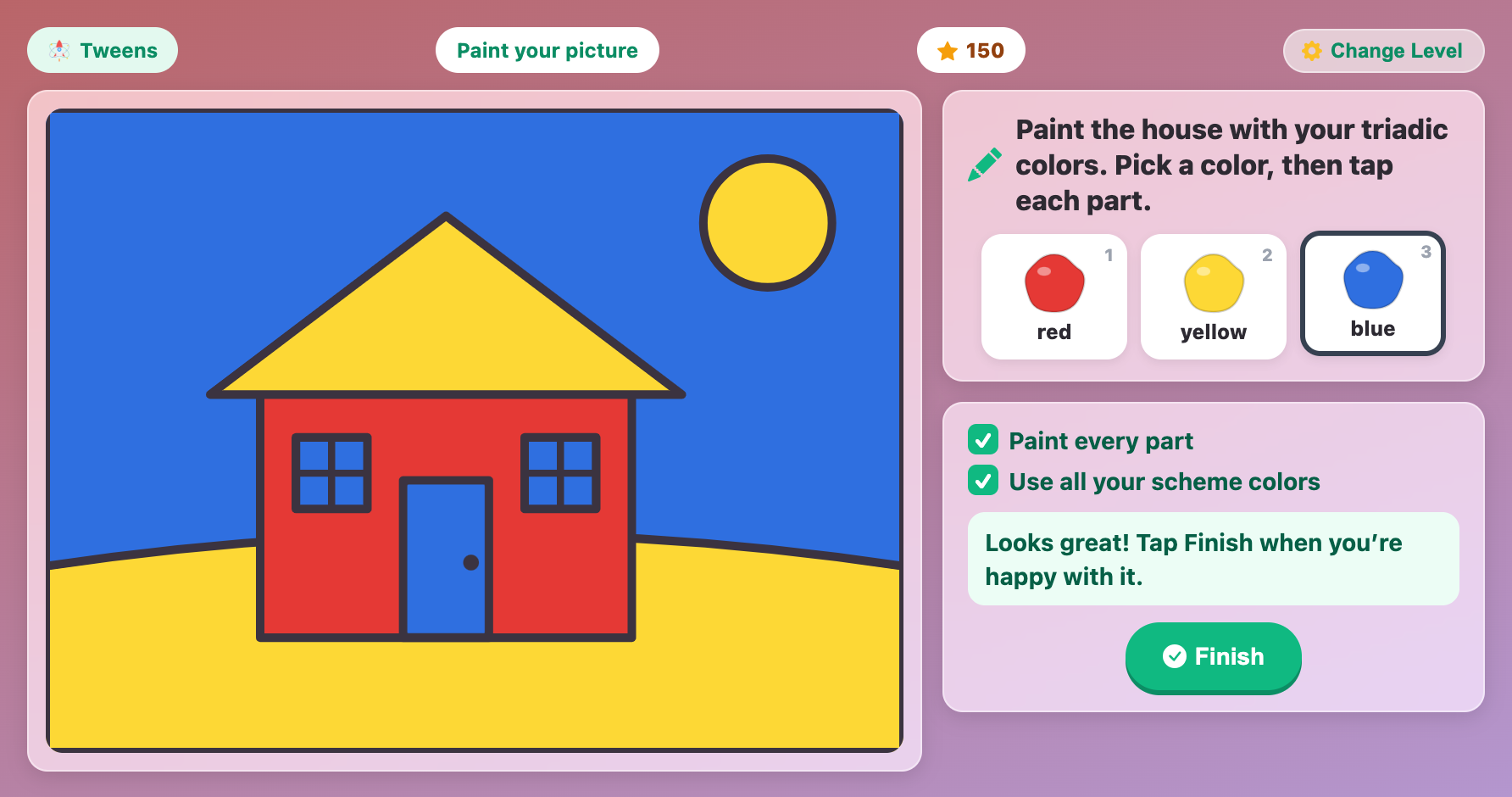 a house painted in the triadic colors red, yellow and blue at the end of Color Wheel Builder for tweens