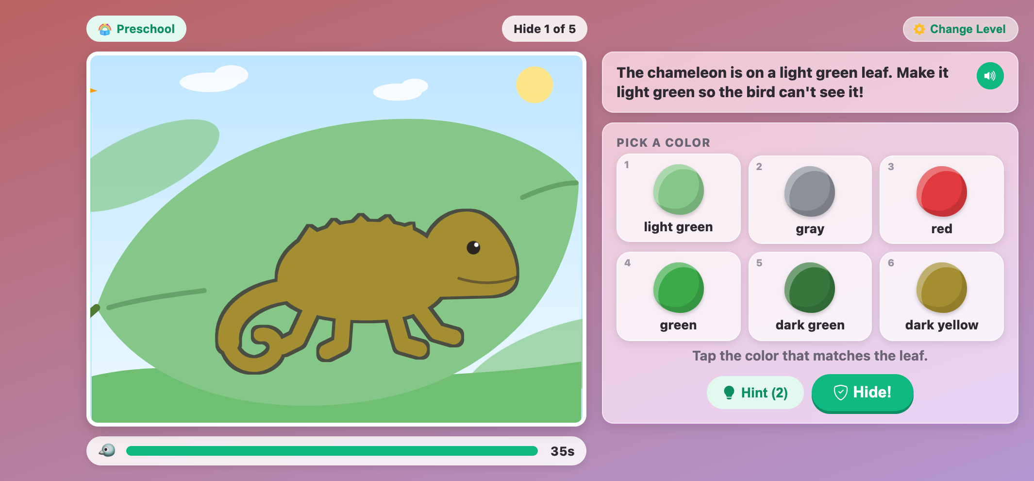 a dark yellow chameleon on a light green leaf in Chameleon Camouflage for preschoolers, with six paint colors to pick from