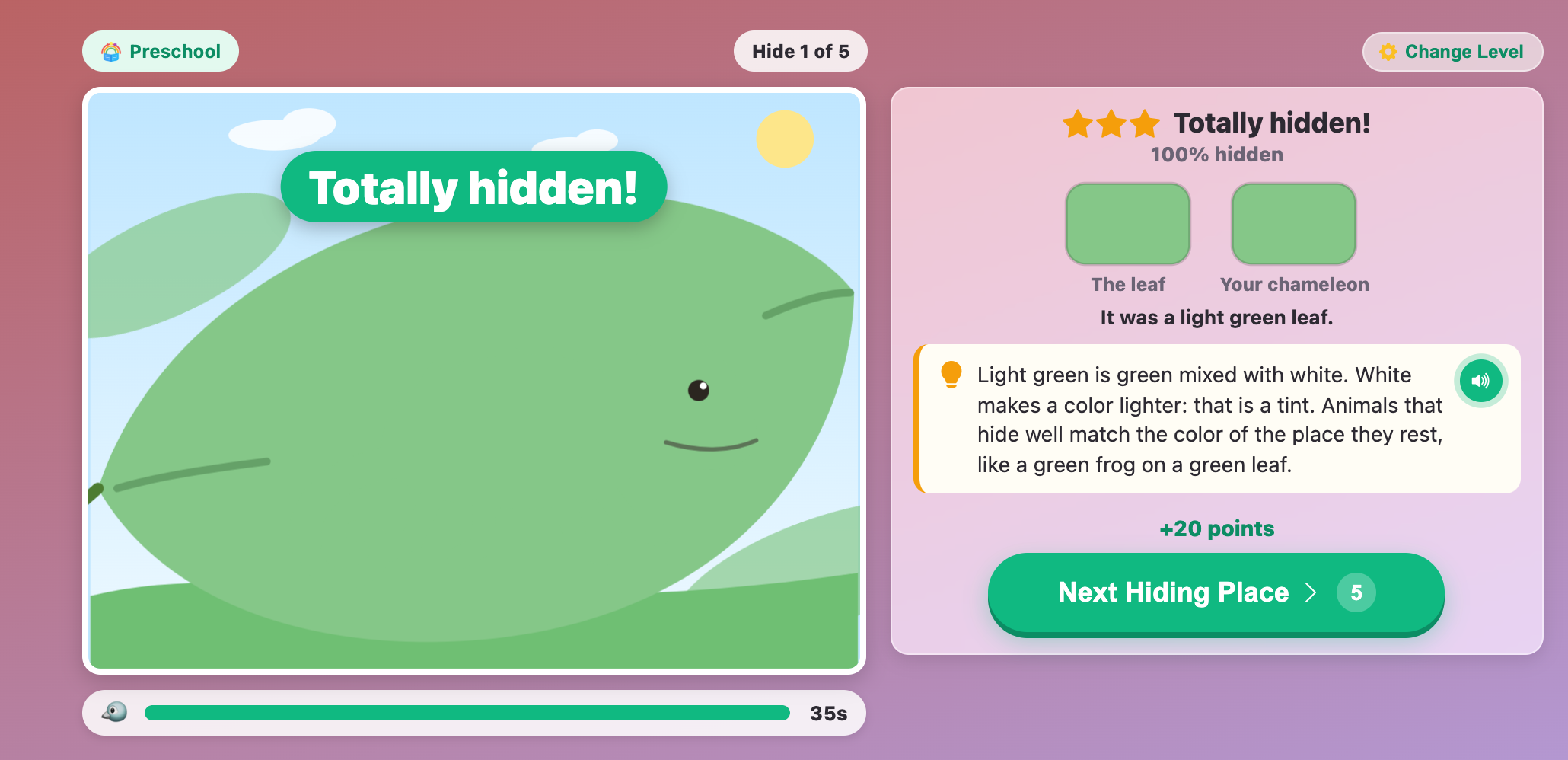 the chameleon totally hidden on the light green leaf, with the two matching swatches and a tip about tints