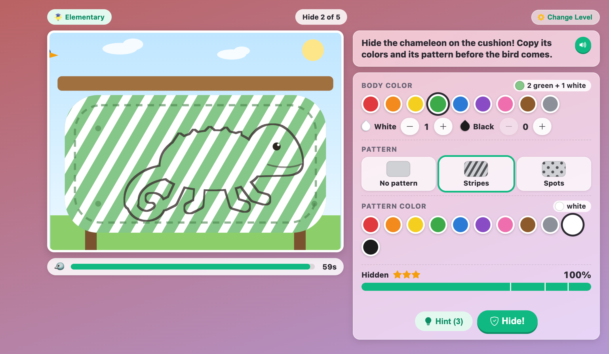 a light green chameleon with white stripes on a striped cushion, with the Hidden meter at 100 percent on Elementary