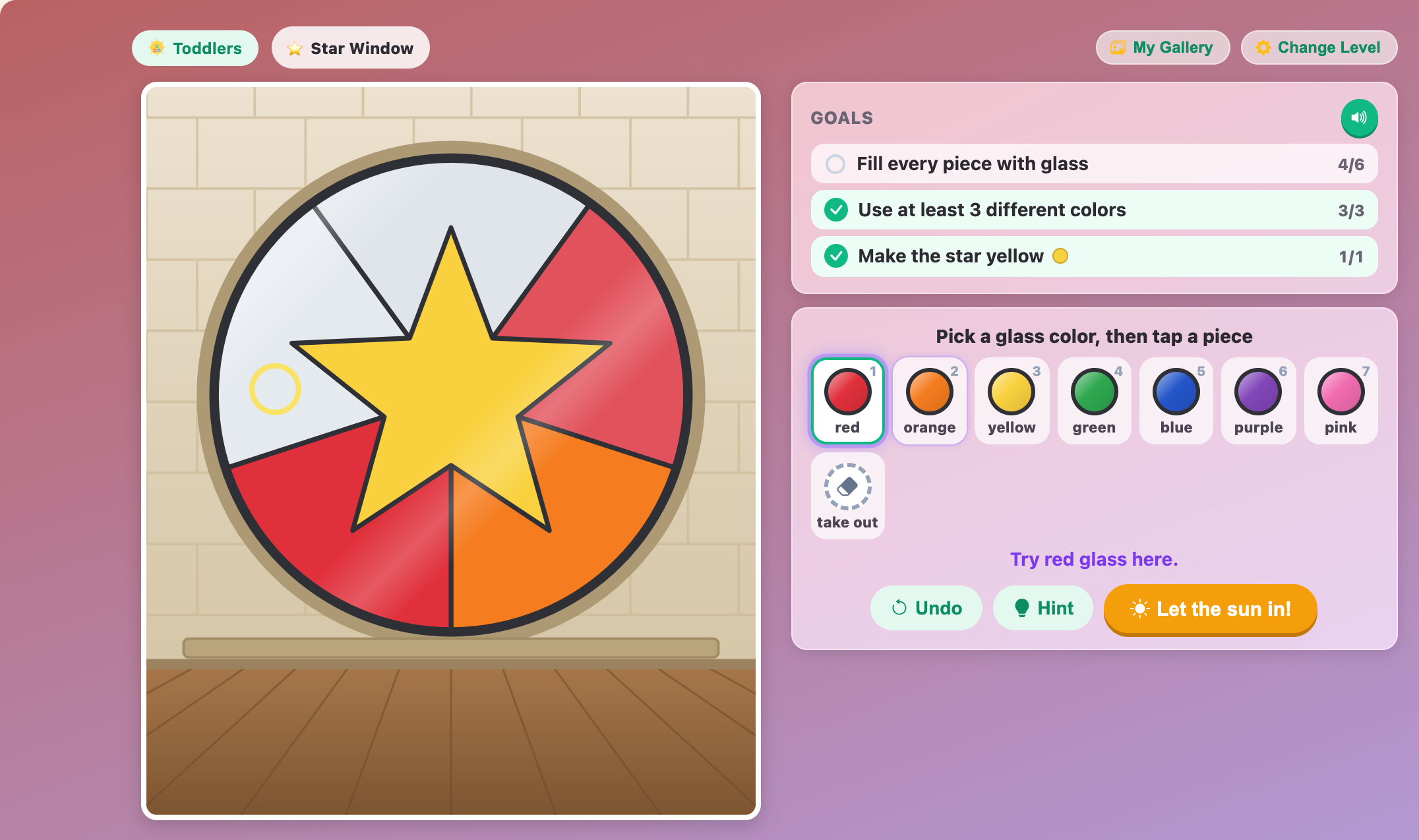 a Star Window at the Toddlers level with a yellow star, red and orange glass, and a hint ring on an empty white piece