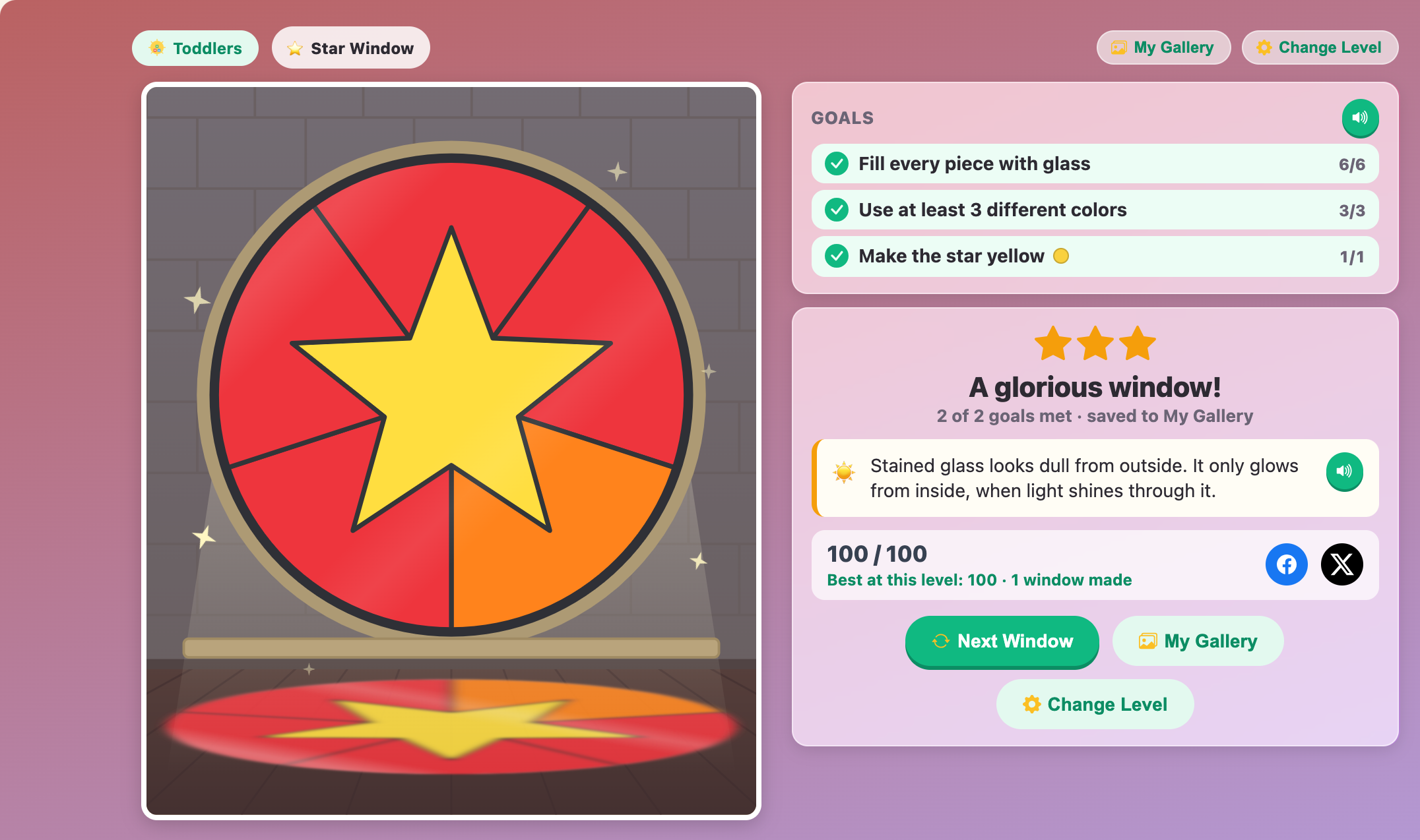 the finished Star Window glowing in the sun and casting red, orange and yellow light on the floor, with 3 stars
