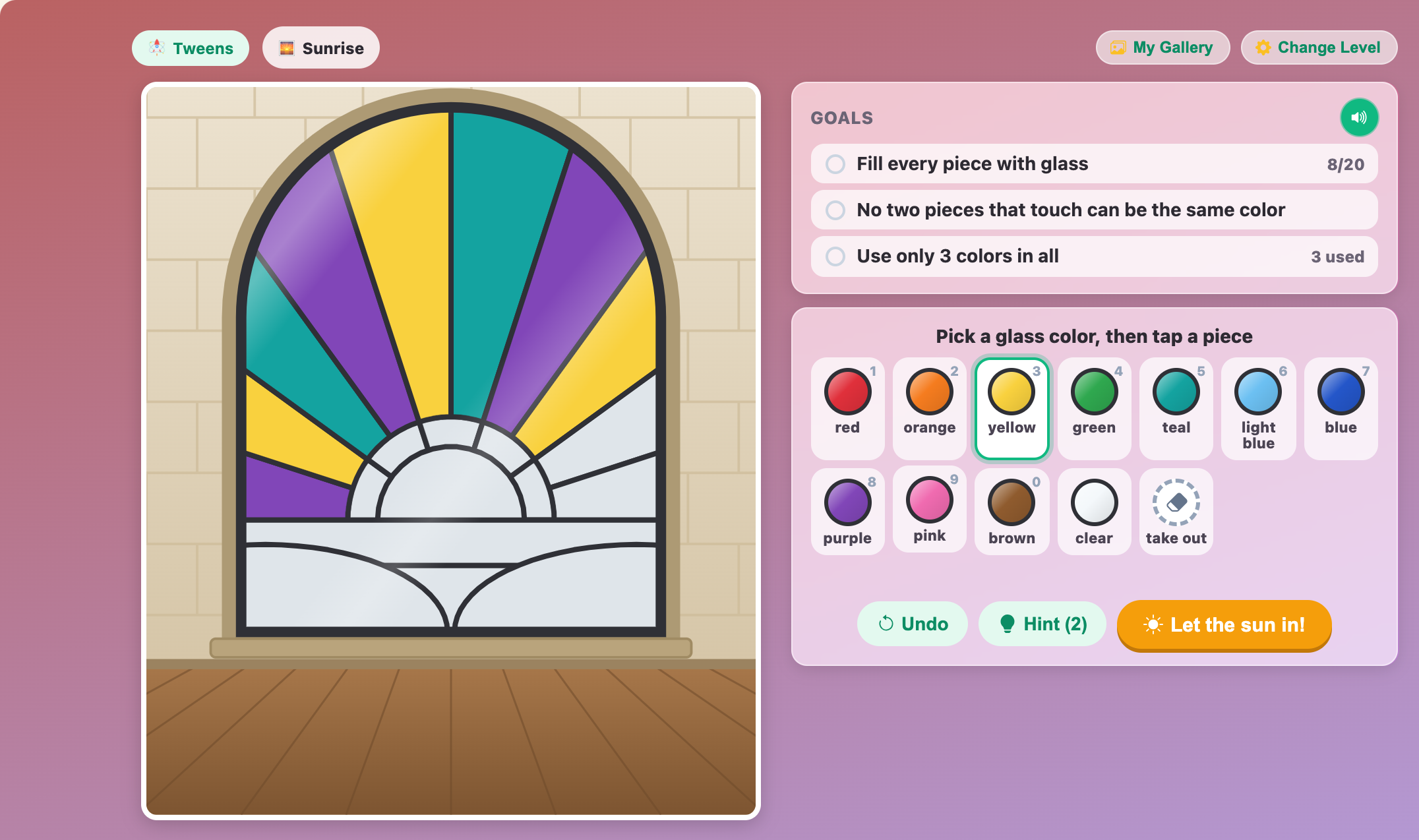 a half-filled Sunrise window in purple, yellow and teal, with the Use only 3 colors goal for tweens