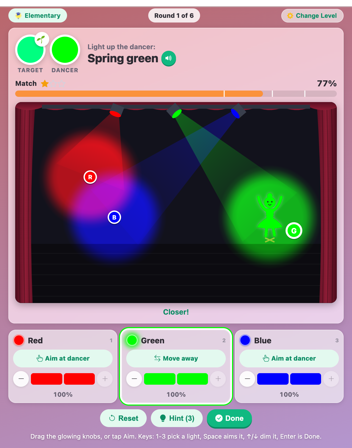 the green spotlight on the dancer while the target is Spring green, with the match meter at 77 percent in Light Mixer for kids