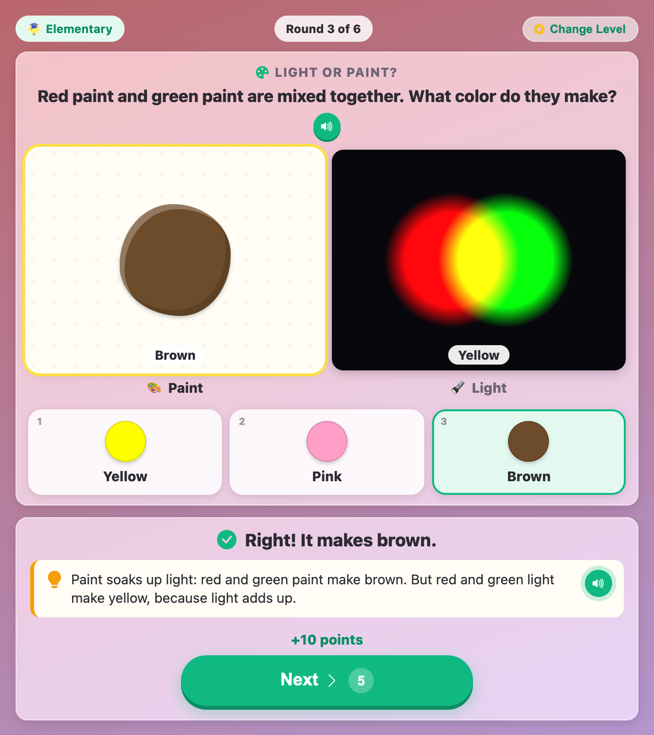 a Light or paint round showing red and green paint making brown, while red and green light make yellow