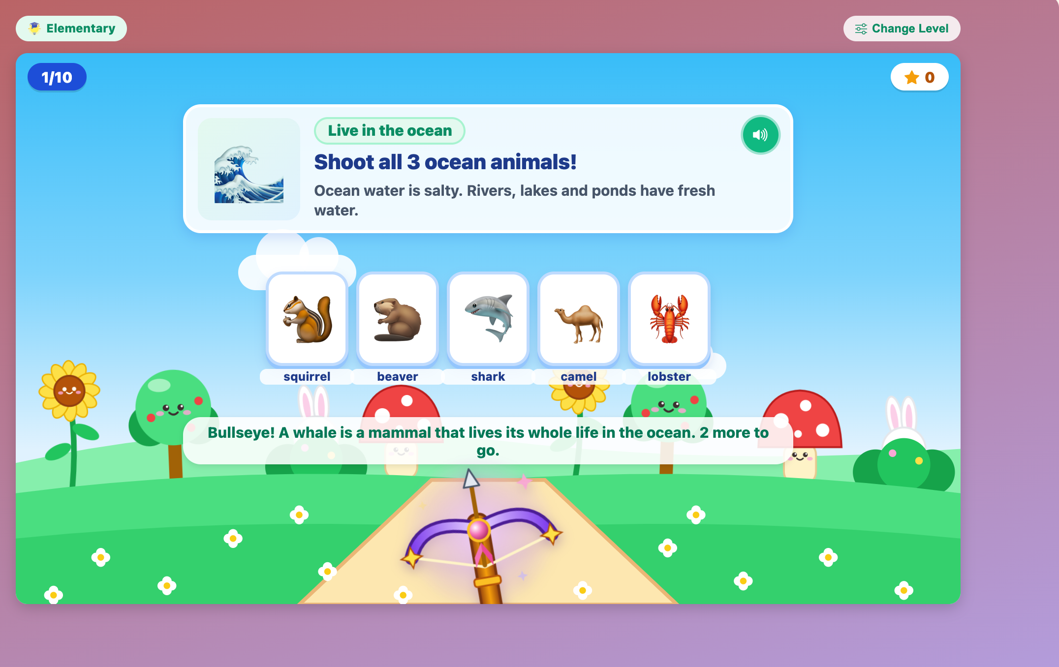 a Live in the ocean round in Magic Crossbow: Habitat Hunt for kids, right after the whale was hit