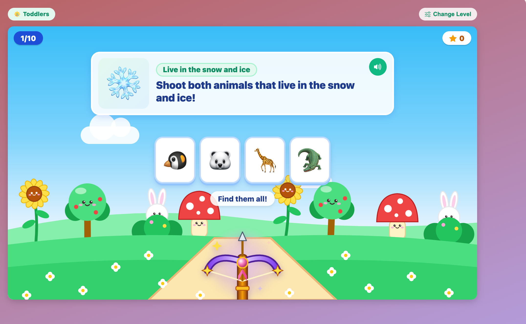 a Toddlers round asking for both snow and ice animals, with a penguin, polar bear, giraffe and crocodile
