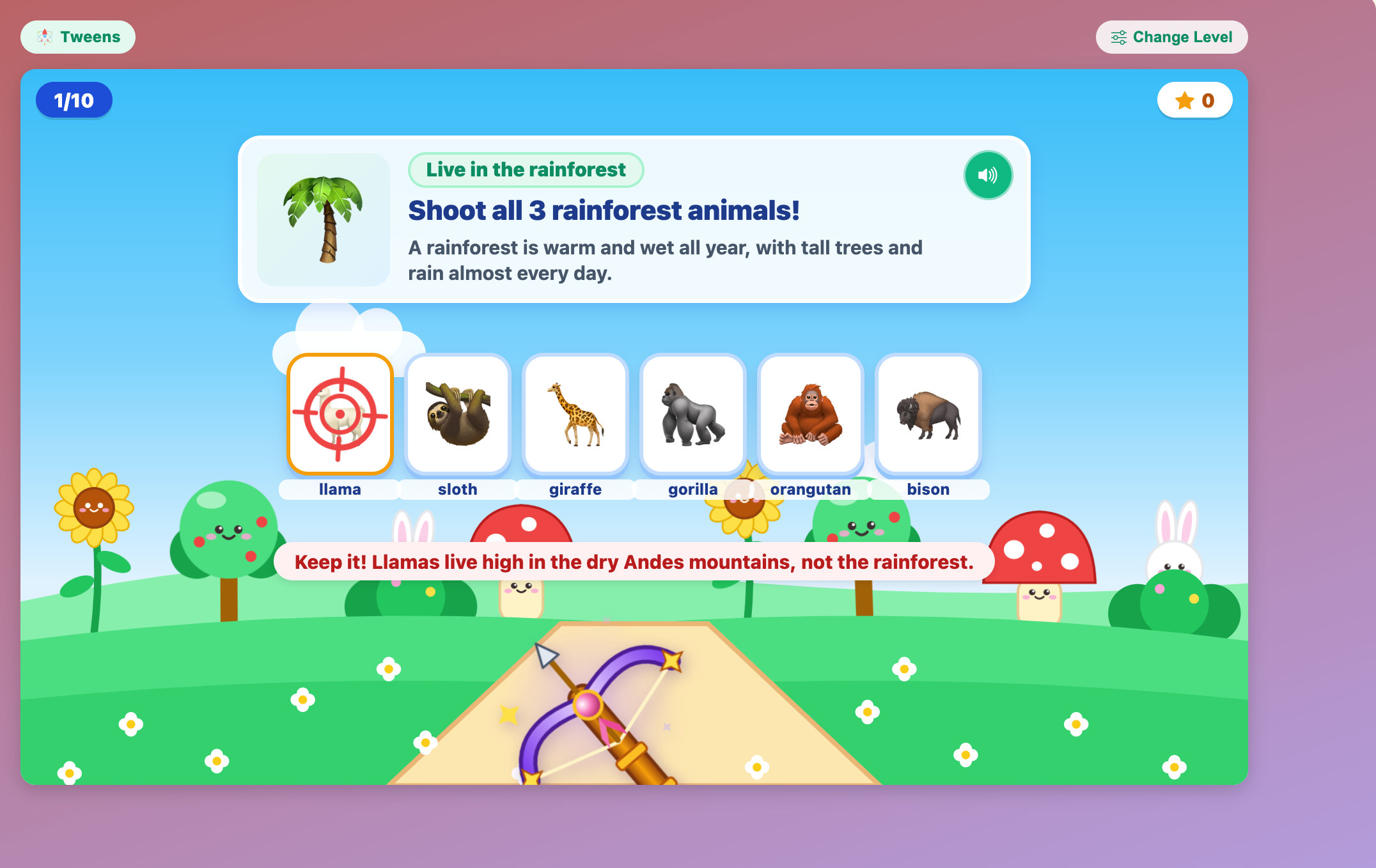 a rainforest round in Magic Crossbow: Habitat Hunt for tweens, after a miss on the llama, with the rule shown