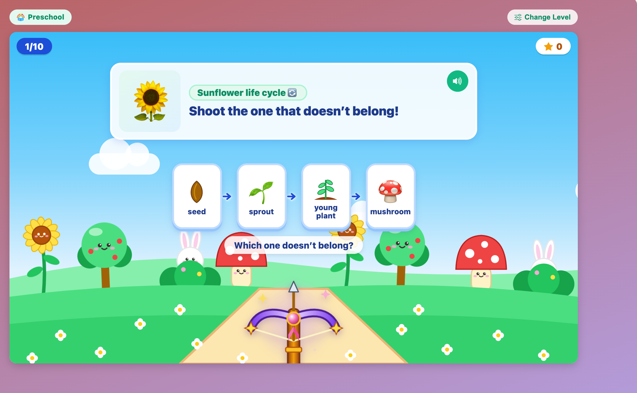 a sunflower life cycle round for preschoolers where a mushroom has taken the sunflower's place at the end of the row