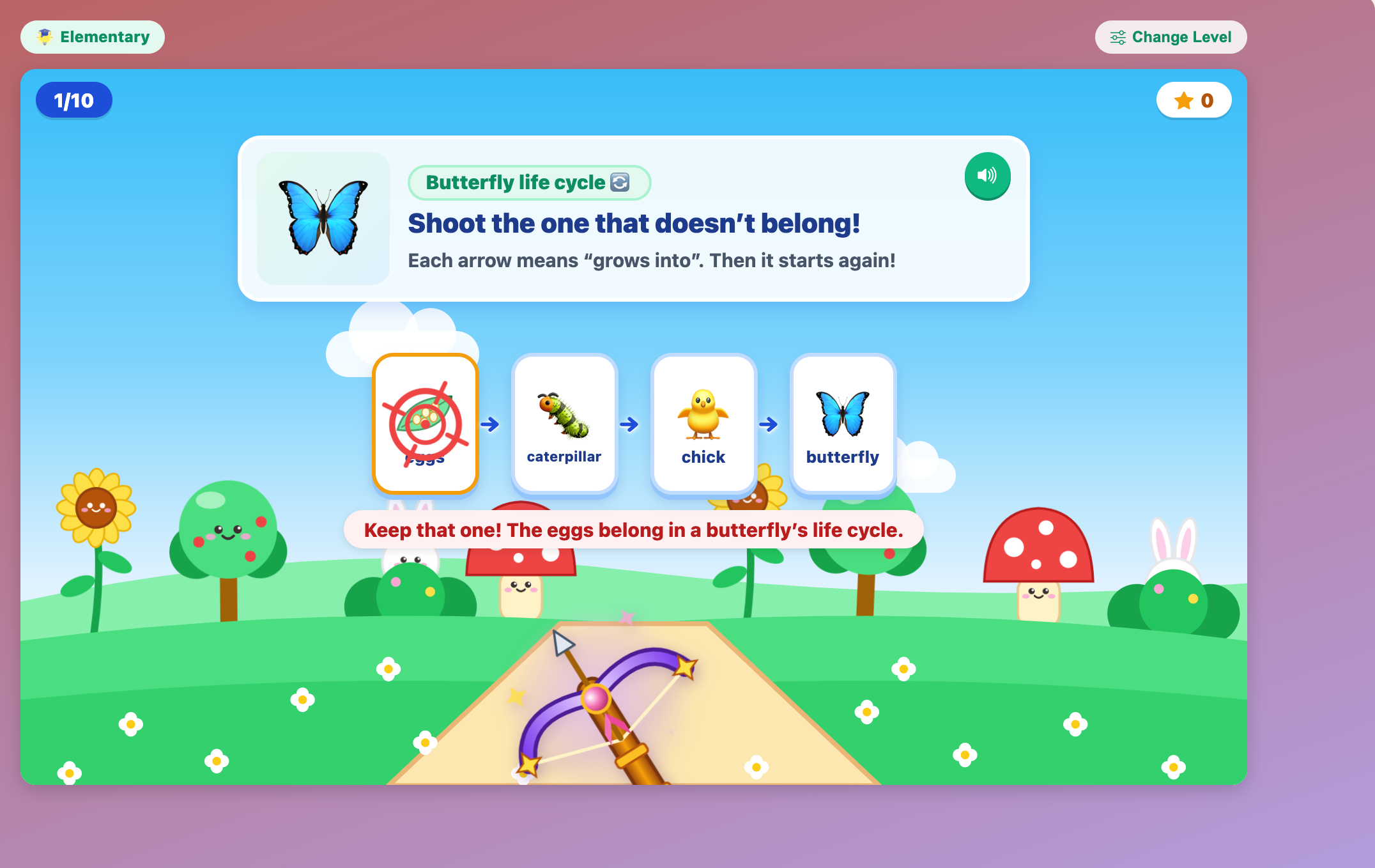 the arrow bouncing off the eggs in a butterfly life cycle row, with the message Keep that one!