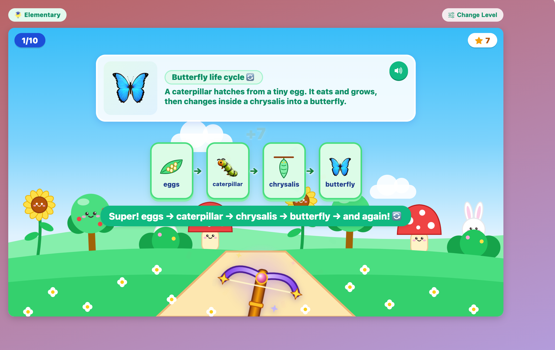 the fixed butterfly life cycle, eggs to caterpillar to chrysalis to butterfly, with a fact on the card