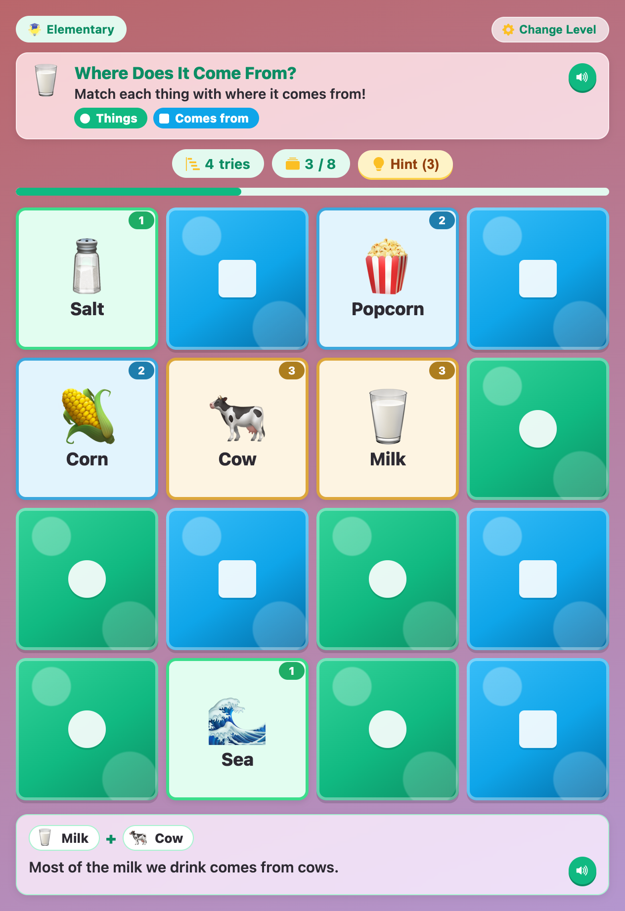 three matched pairs on the board, salt and sea, popcorn and corn, milk and cow, with the milk fact below