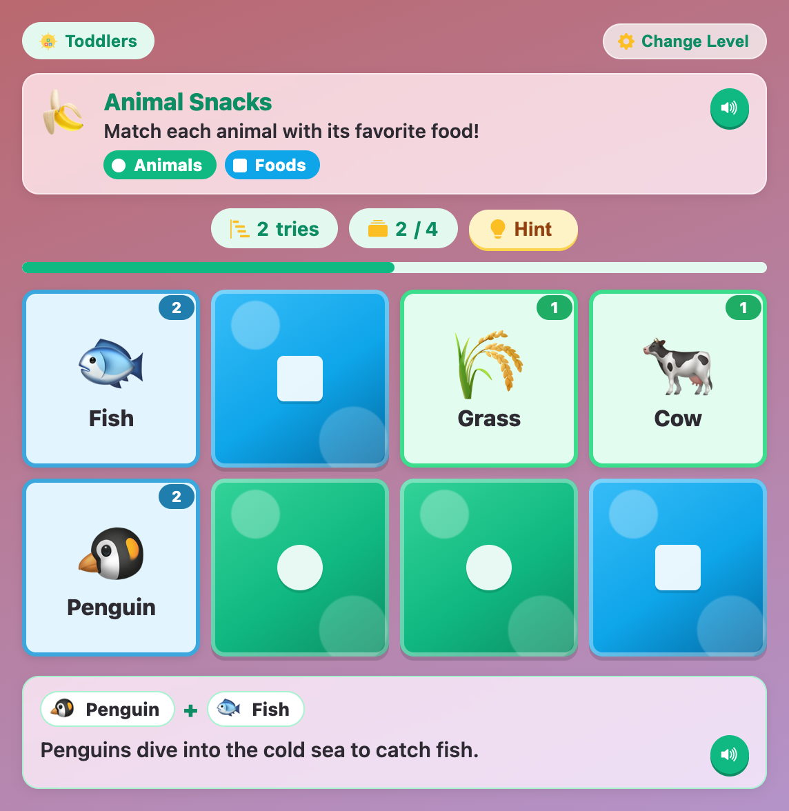 a small 8-card Animal Snacks board in Science Memory Match for toddlers, with the cow and grass and penguin and fish pairs found