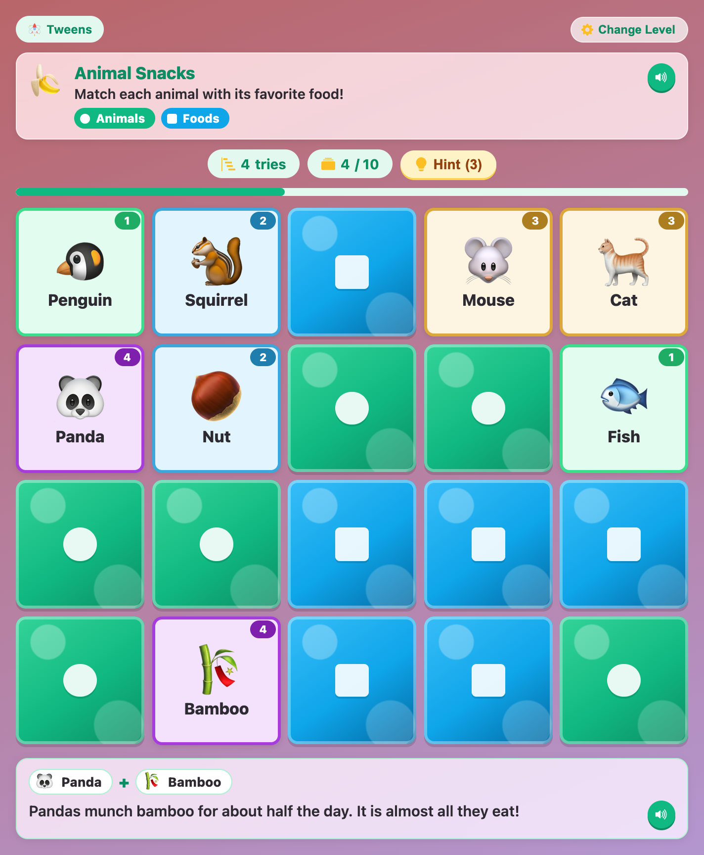 a 20-card Animal Snacks board for tweens with four numbered pairs found and the panda and bamboo fact