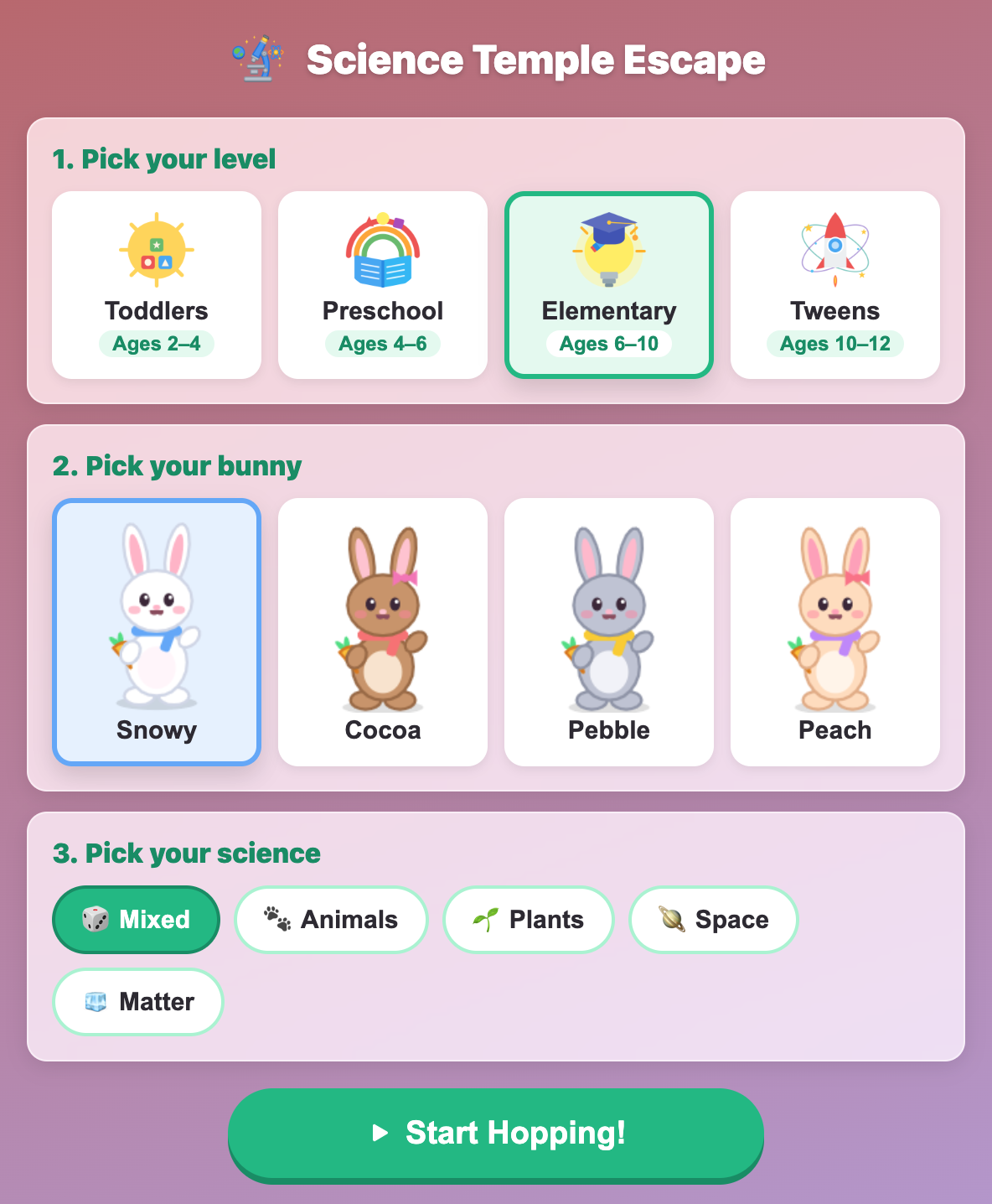 the setup screen in Science Temple Escape for kids, with level cards, four bunnies to pick and the science topics