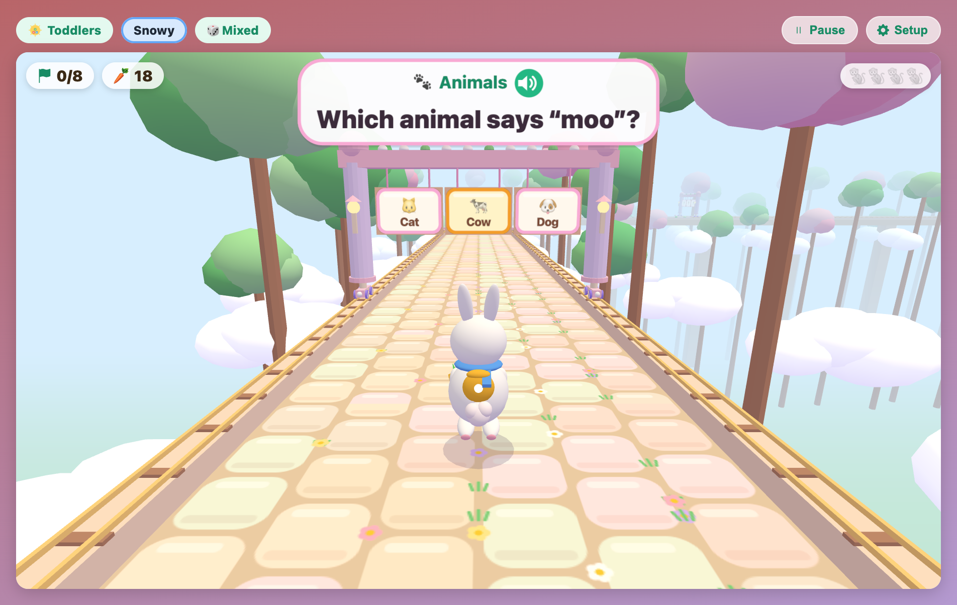 a toddler gate asking which animal says moo, with Cat, Cow and Dog picture signs over the three lanes