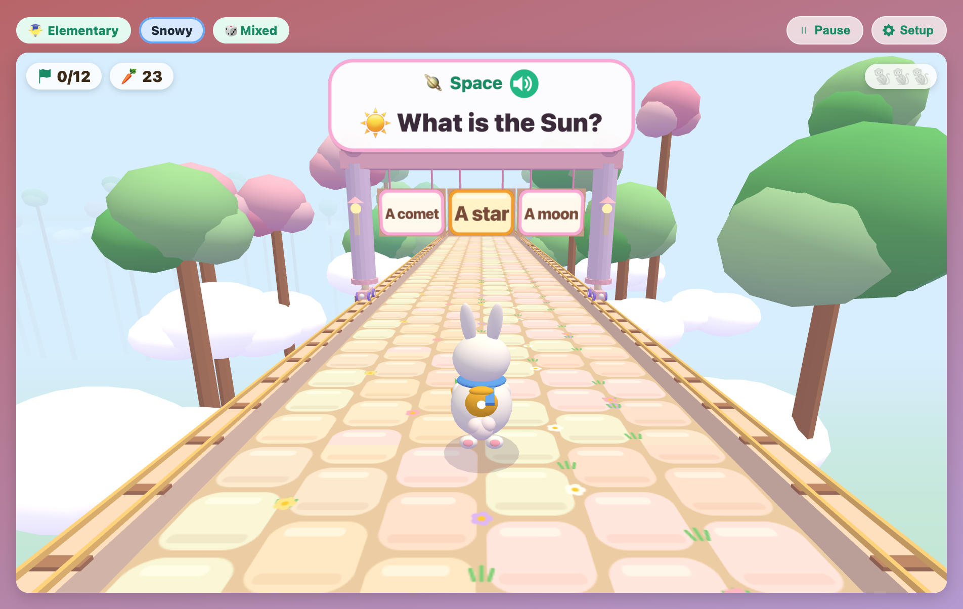 an Elementary space gate asking what the Sun is, with A comet, A star and A moon signs gliding ahead of the bunny
