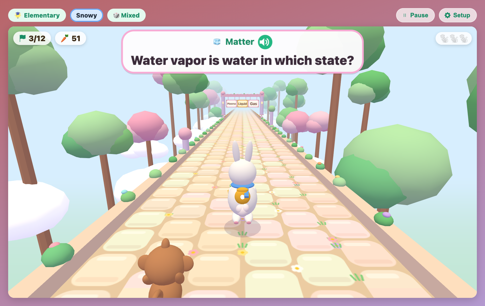 the bunny hopping toward a far-off gate about water vapor, with smiling mushrooms and a monkey close behind