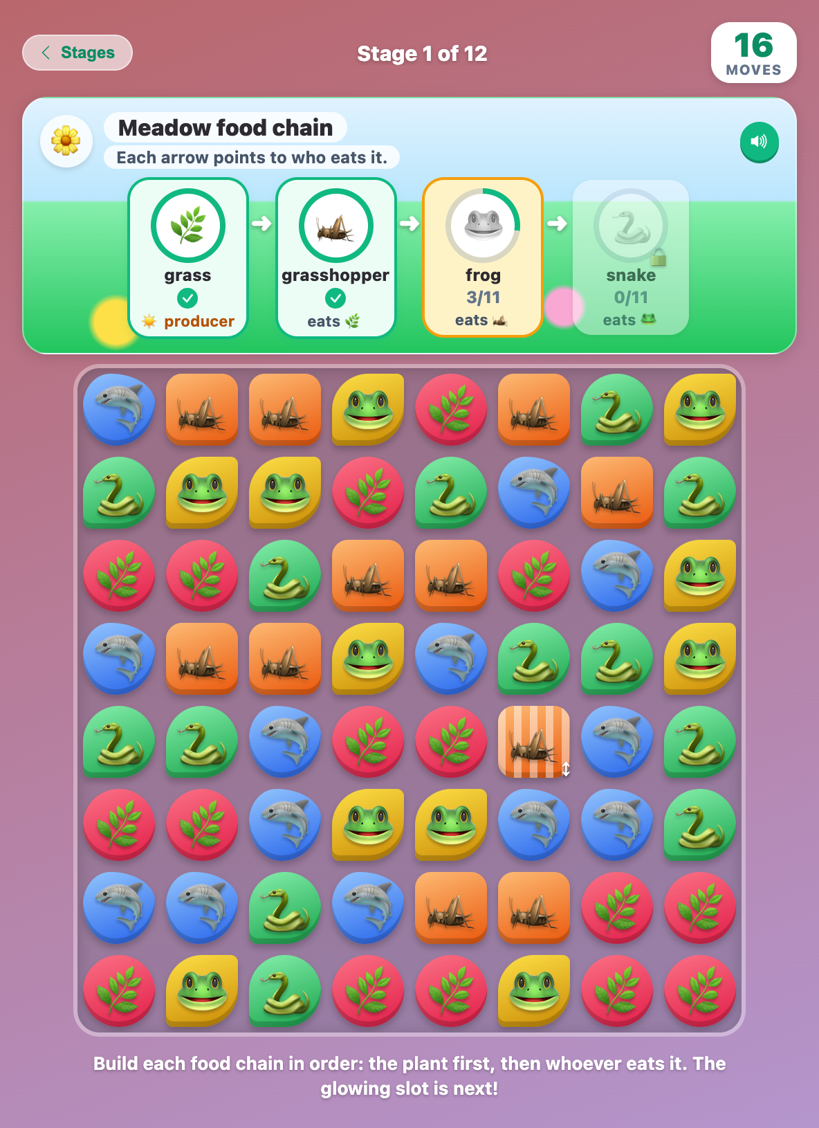 a Meadow food chain in Habitat Crush with grass and grasshopper slots full and the frog slot glowing at 3 of 11