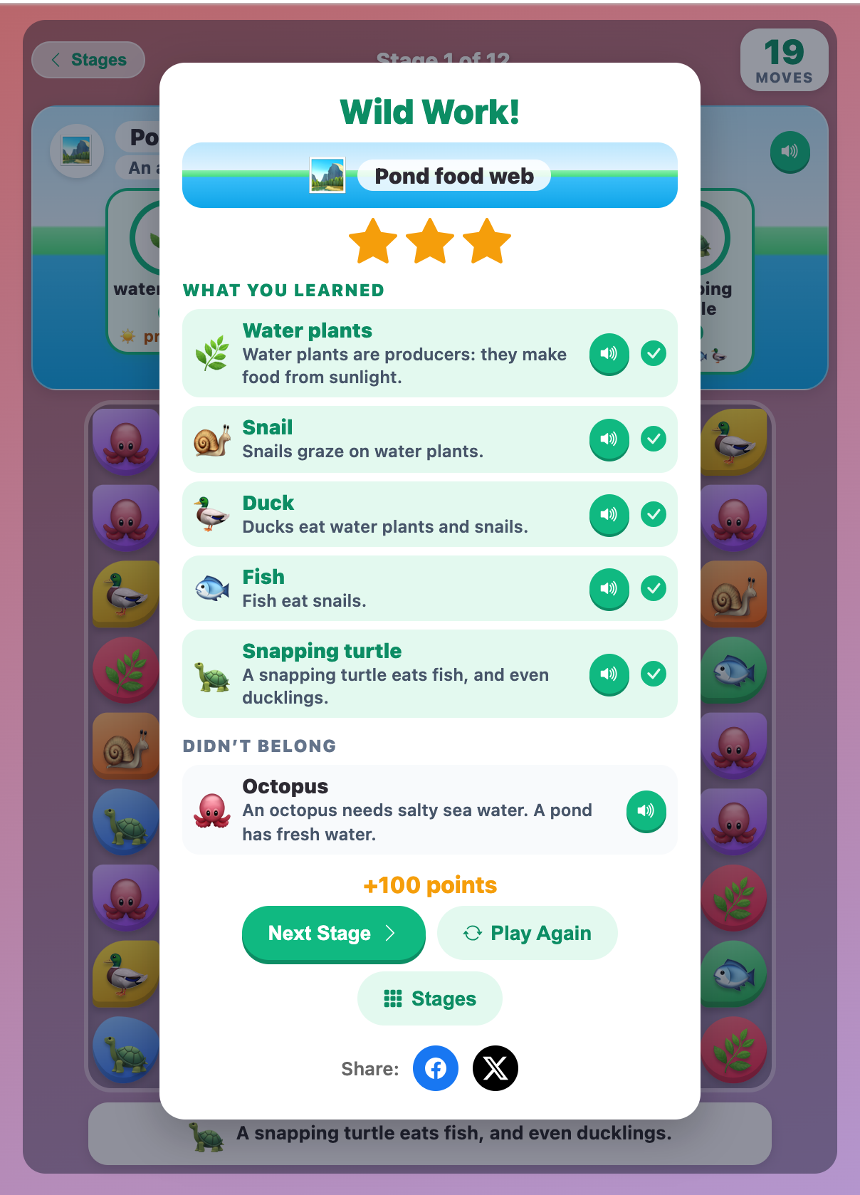 the Wild Work result card for the Pond food web with three stars, five animal facts and the octopus that didn't belong