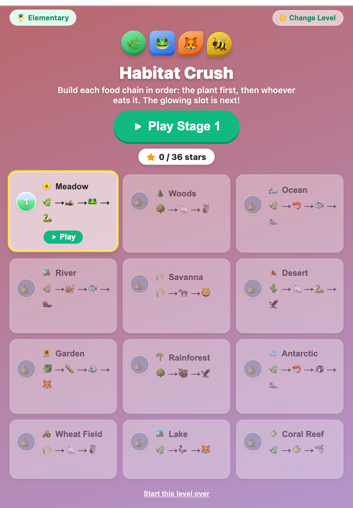 the Habitat Crush stage map at the Elementary level with Meadow, Woods, Ocean and nine more food chain stages