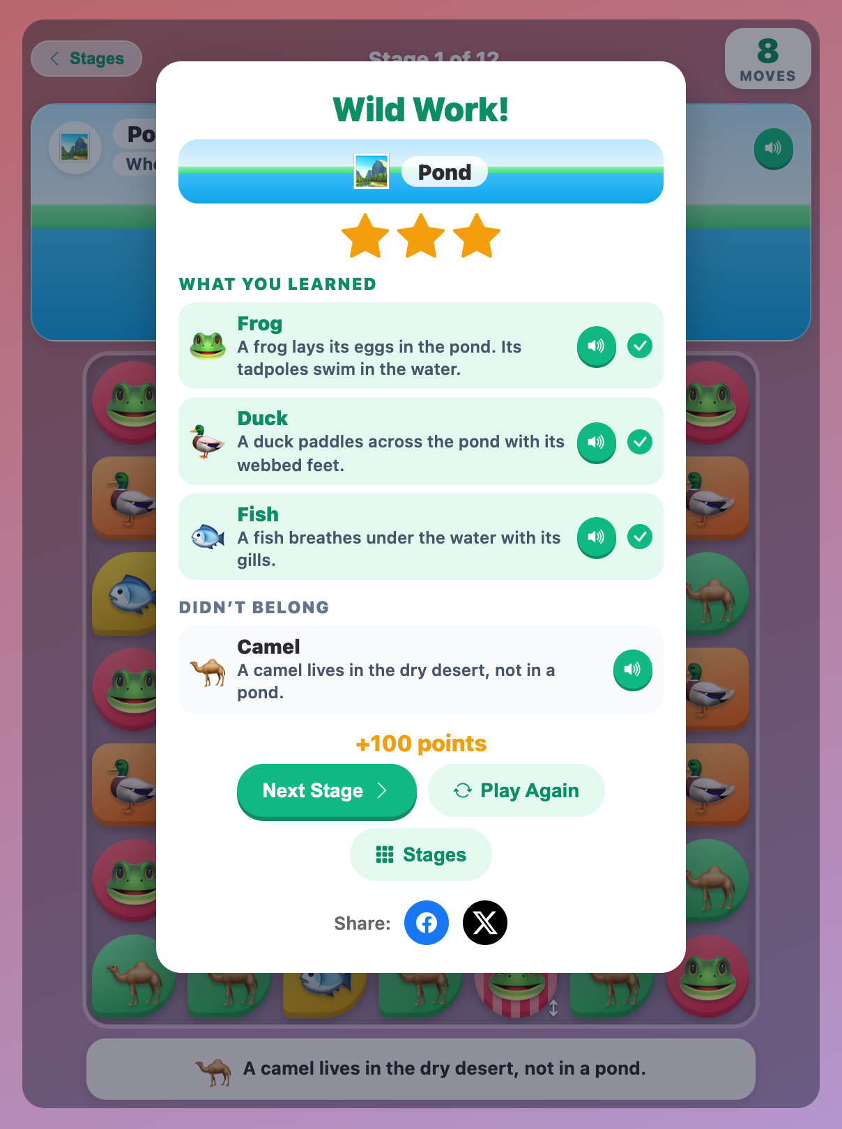 Habitat Crush for toddlers finished with three stars, showing facts about the frog, duck and fish and why a camel can't live in a pond