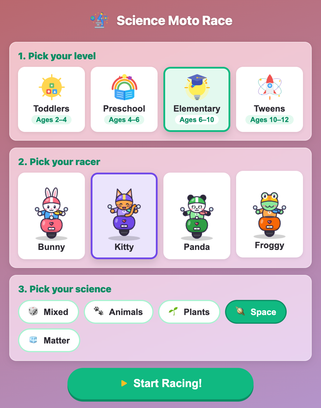 the Science Moto Race setup screen with the Elementary level, Kitty the racer and the Space topic picked