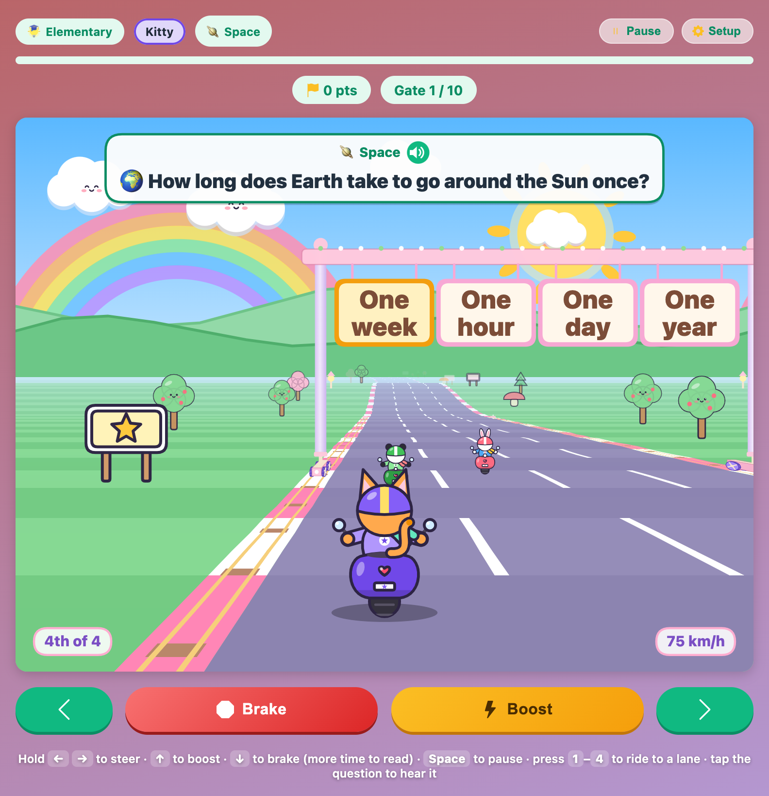 Kitty riding toward a sliding gate that asks how long Earth takes to go around the Sun in Science Moto Race for kids
