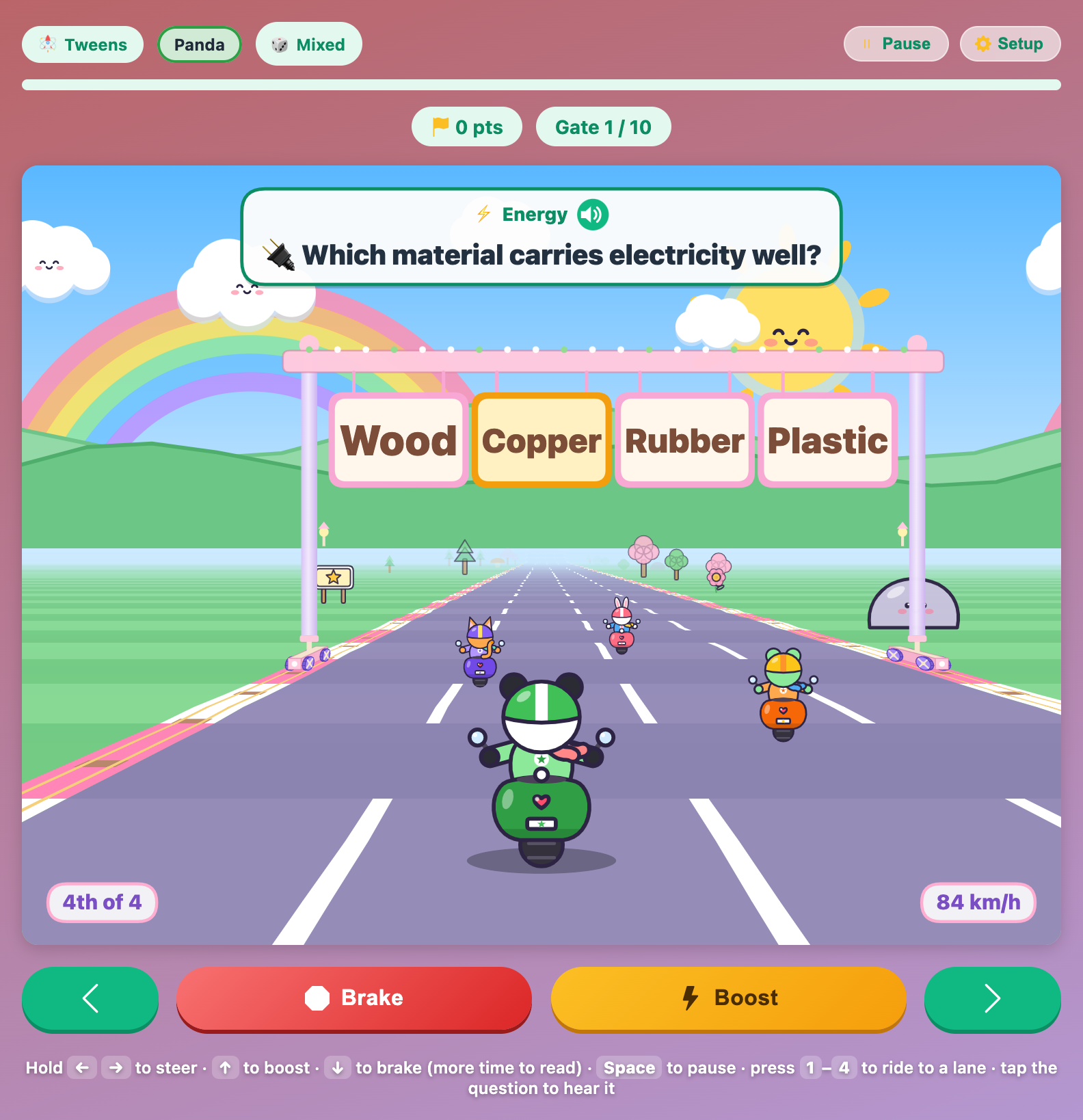 Panda on a scooter under a tweens gate asking which material carries electricity well, with Copper in a gold frame