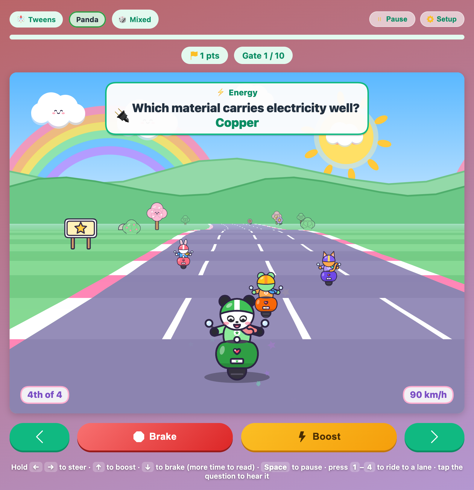 the question plate showing Copper in green after Panda rode through the right lane in Science Moto Race for tweens