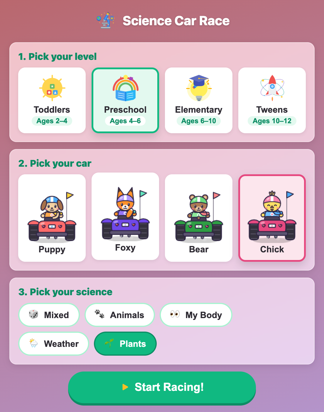 the Science Car Race setup screen with the Preschool level, Chick in her pink go-kart and the Plants topic picked