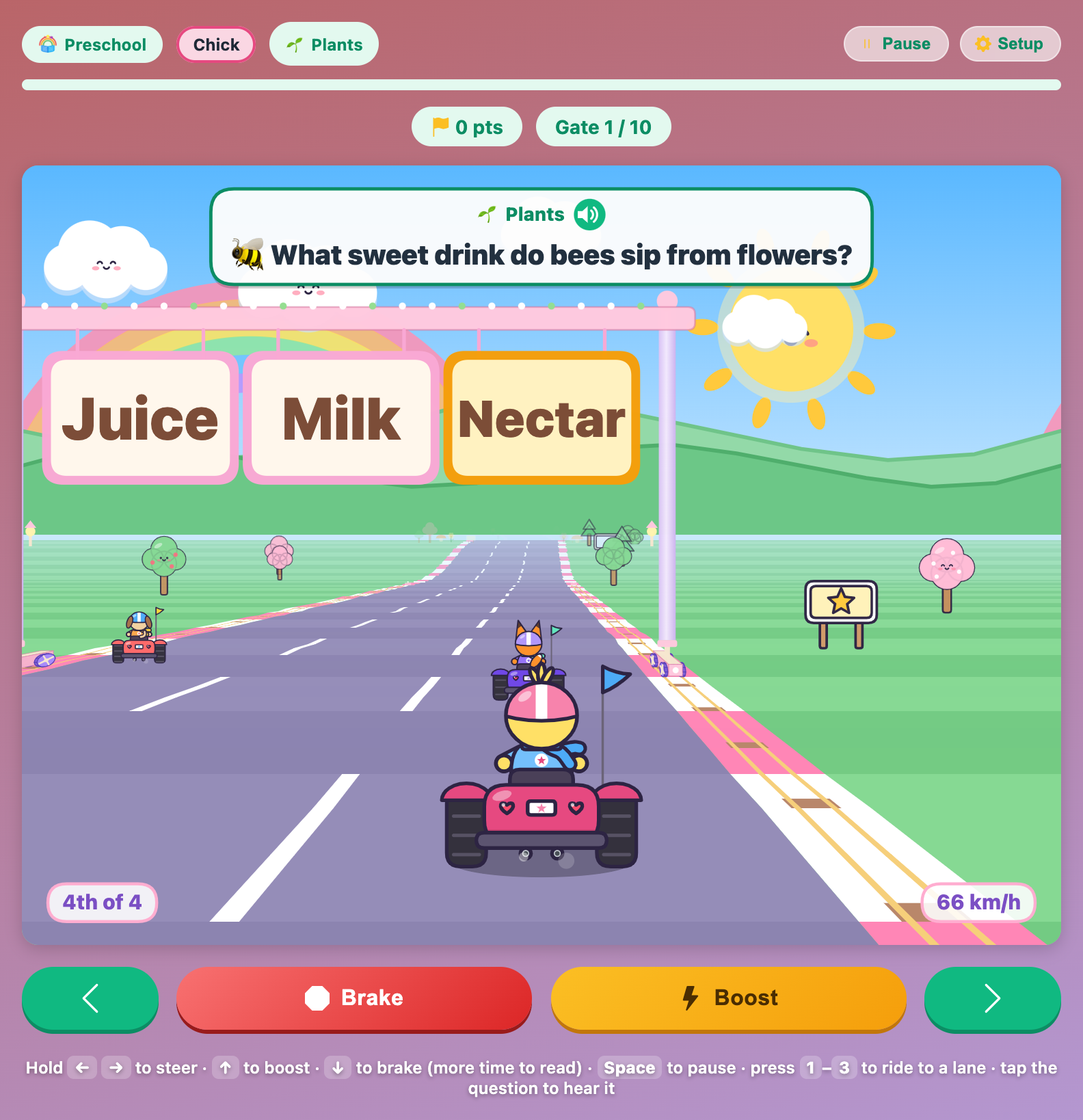 Chick driving toward three signs, Juice, Milk and Nectar, under the question about what bees sip from flowers