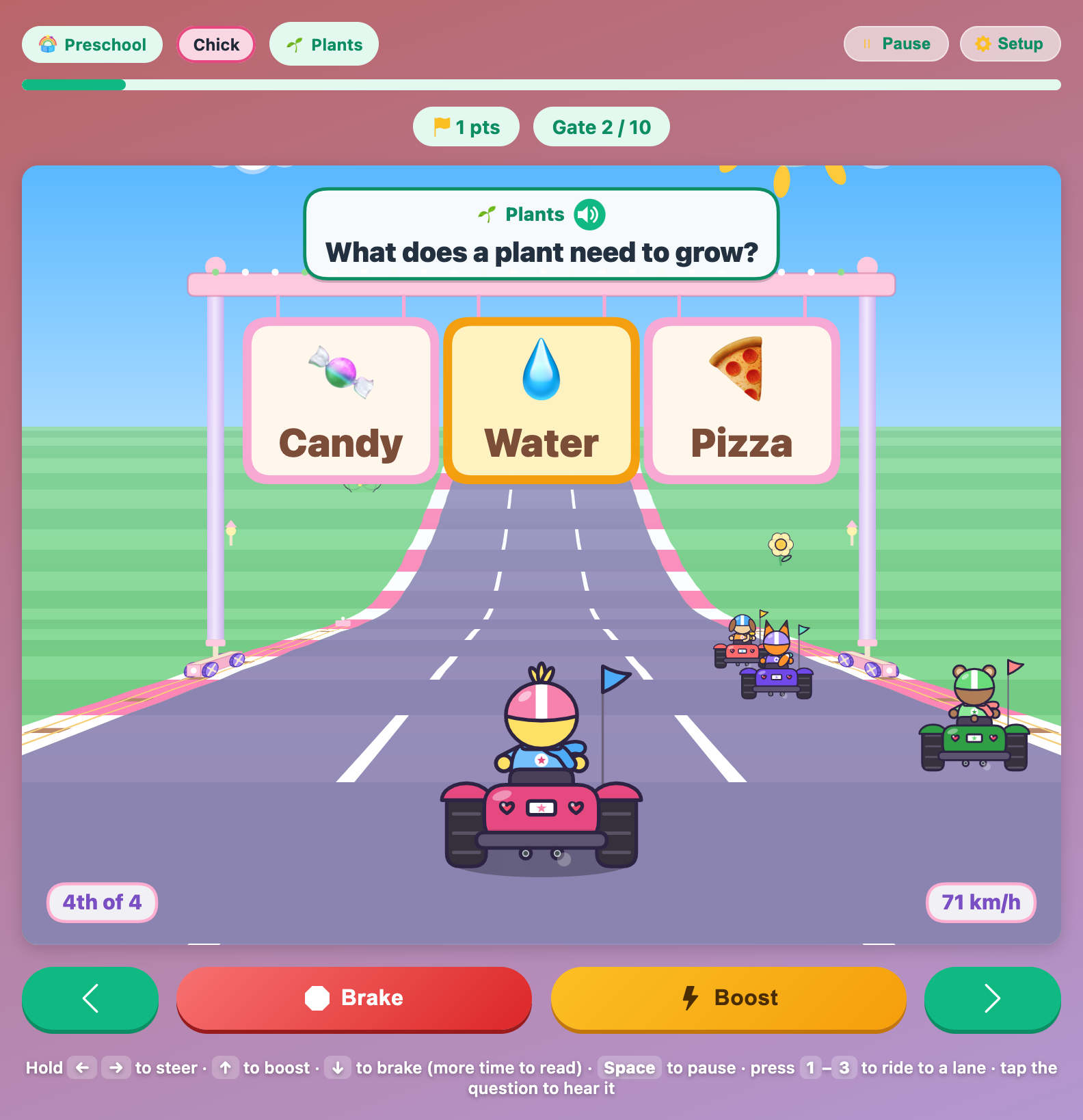 a Science Car Race for preschoolers gate asking what a plant needs to grow, with Candy, Water and Pizza picture signs