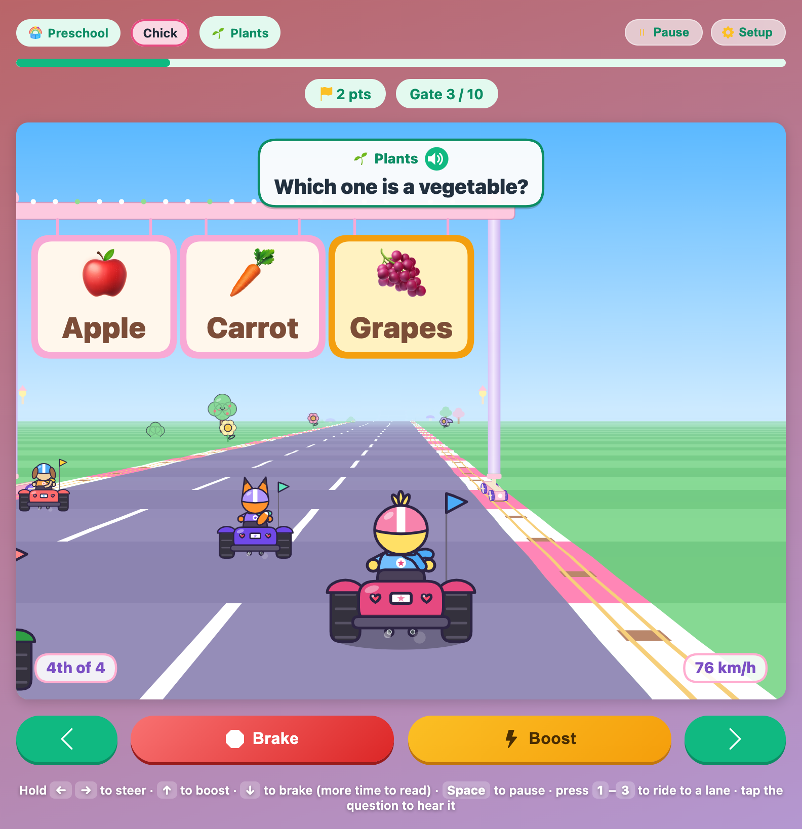 Chick steering under the Grapes sign at a gate that asks which one is a vegetable, with Apple and Carrot beside it