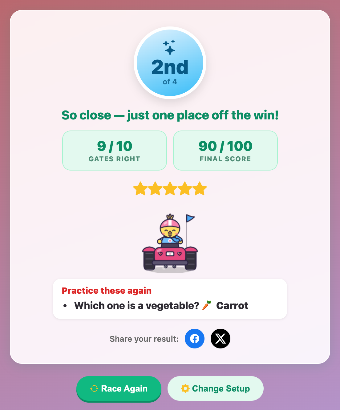 the Science Car Race result card with a 2nd of 4 medal, 9 of 10 gates right and a practice list with the carrot question