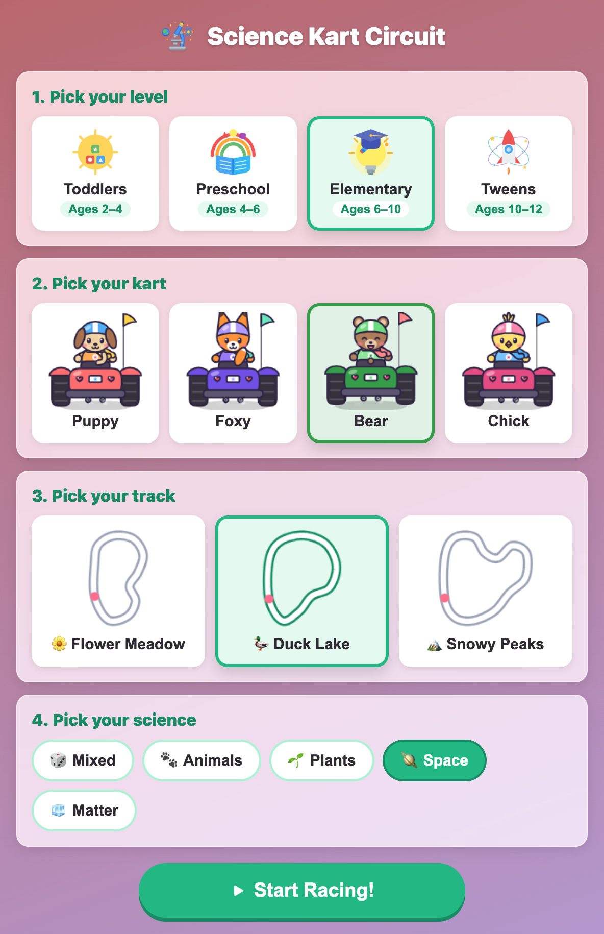 the Science Kart Circuit setup screen with Elementary, Bear, the Duck Lake track and the Space topic picked