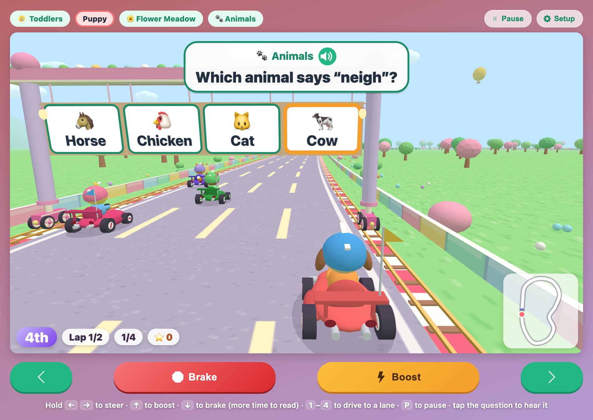 Puppy racing on Flower Meadow toward a toddler gate asking which animal says neigh, with Horse, Chicken, Cat and Cow pictures