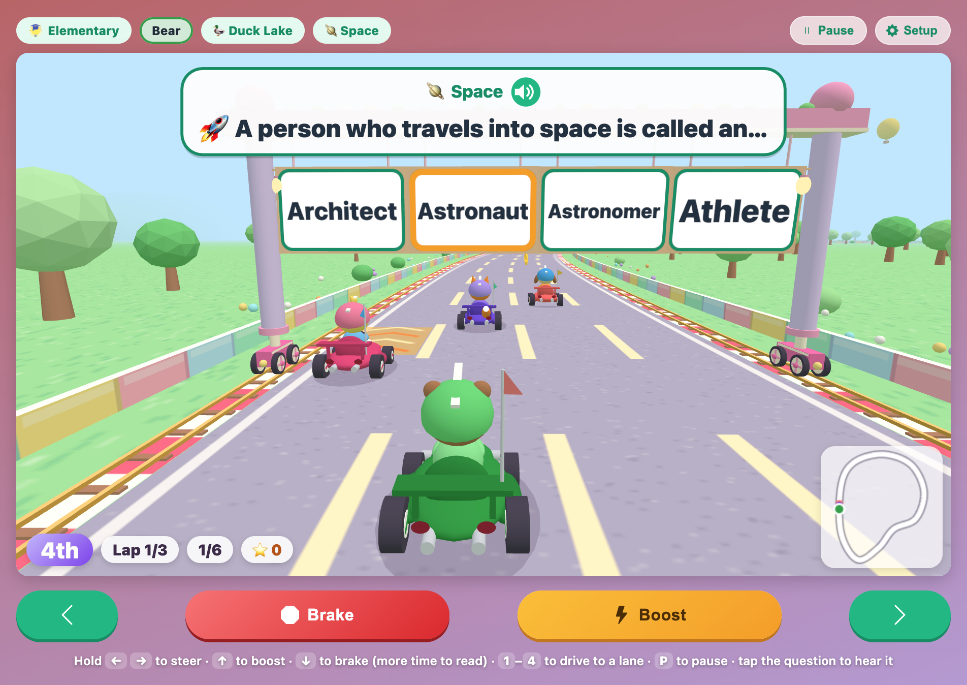 Bear in a green go-kart driving under four signs for the question a person who travels into space is called