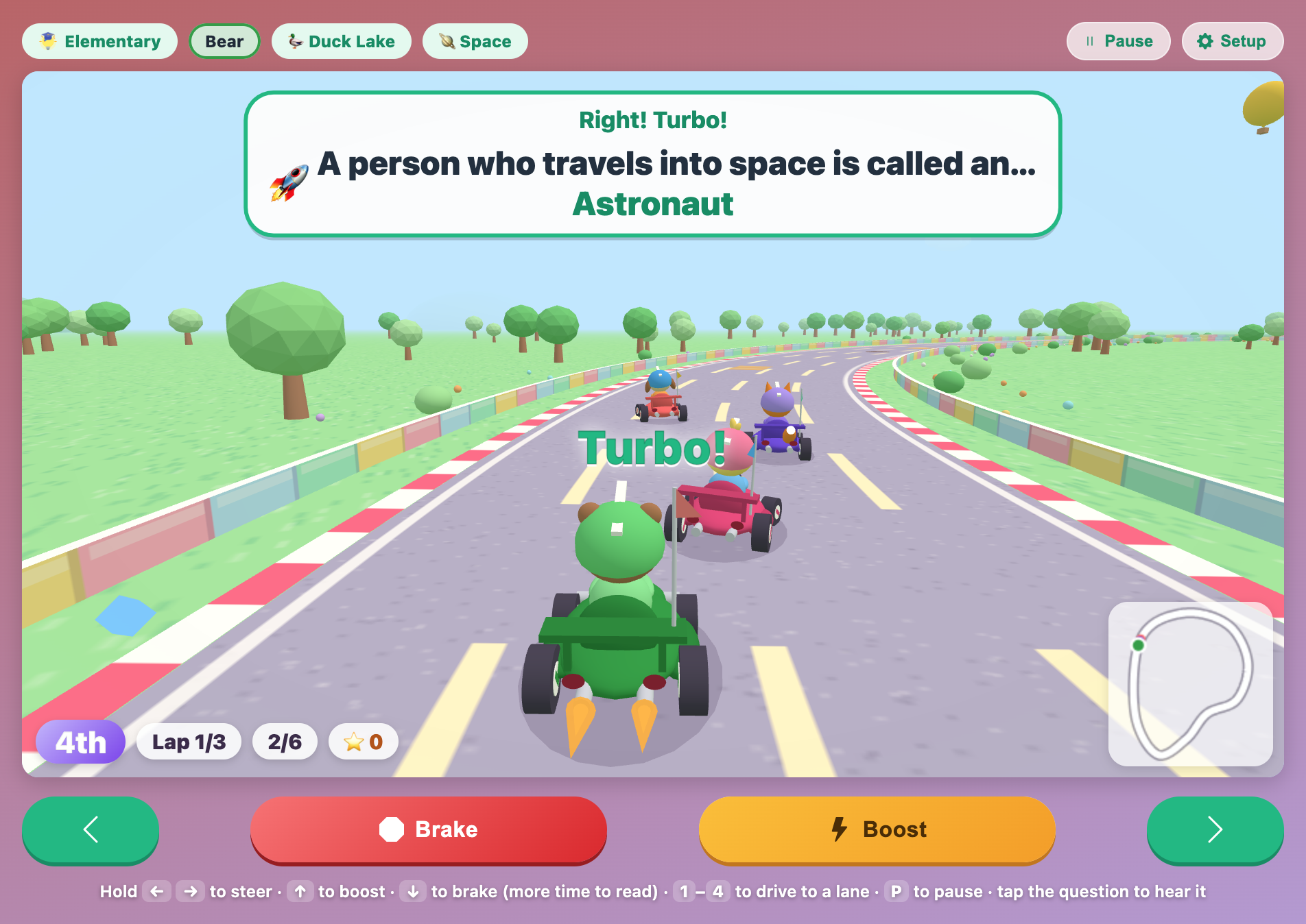 Bear's kart blasting off with a Turbo after the right answer, Astronaut, shows in green on the question plate