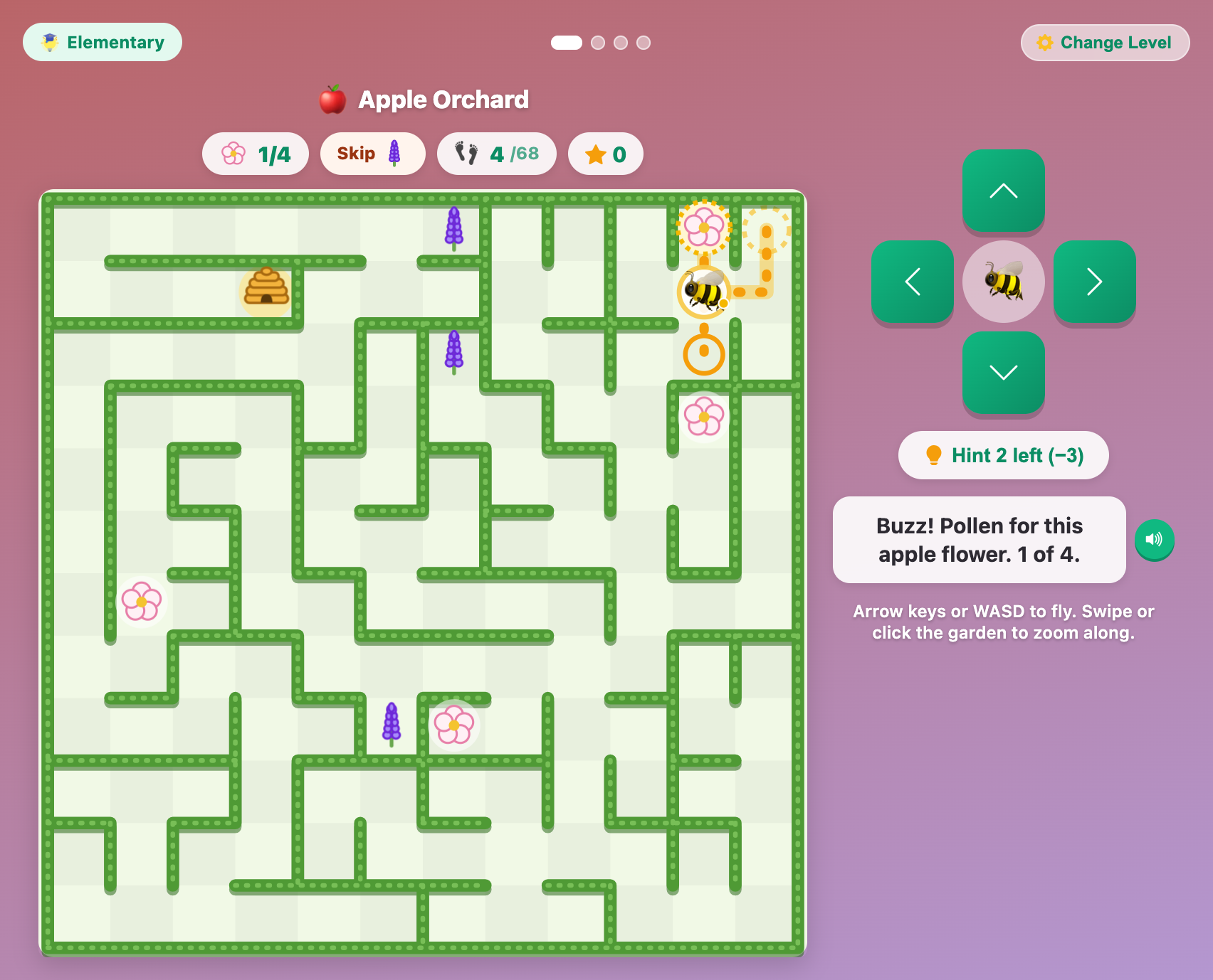 an Apple Orchard maze at the Elementary level with pink apple flowers, purple lavender to skip and a hive