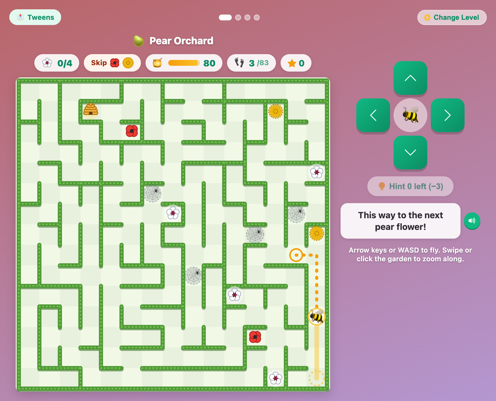 a Pear Orchard maze in Busy Bee Maze for tweens with a nectar meter, spider webs and a hint path