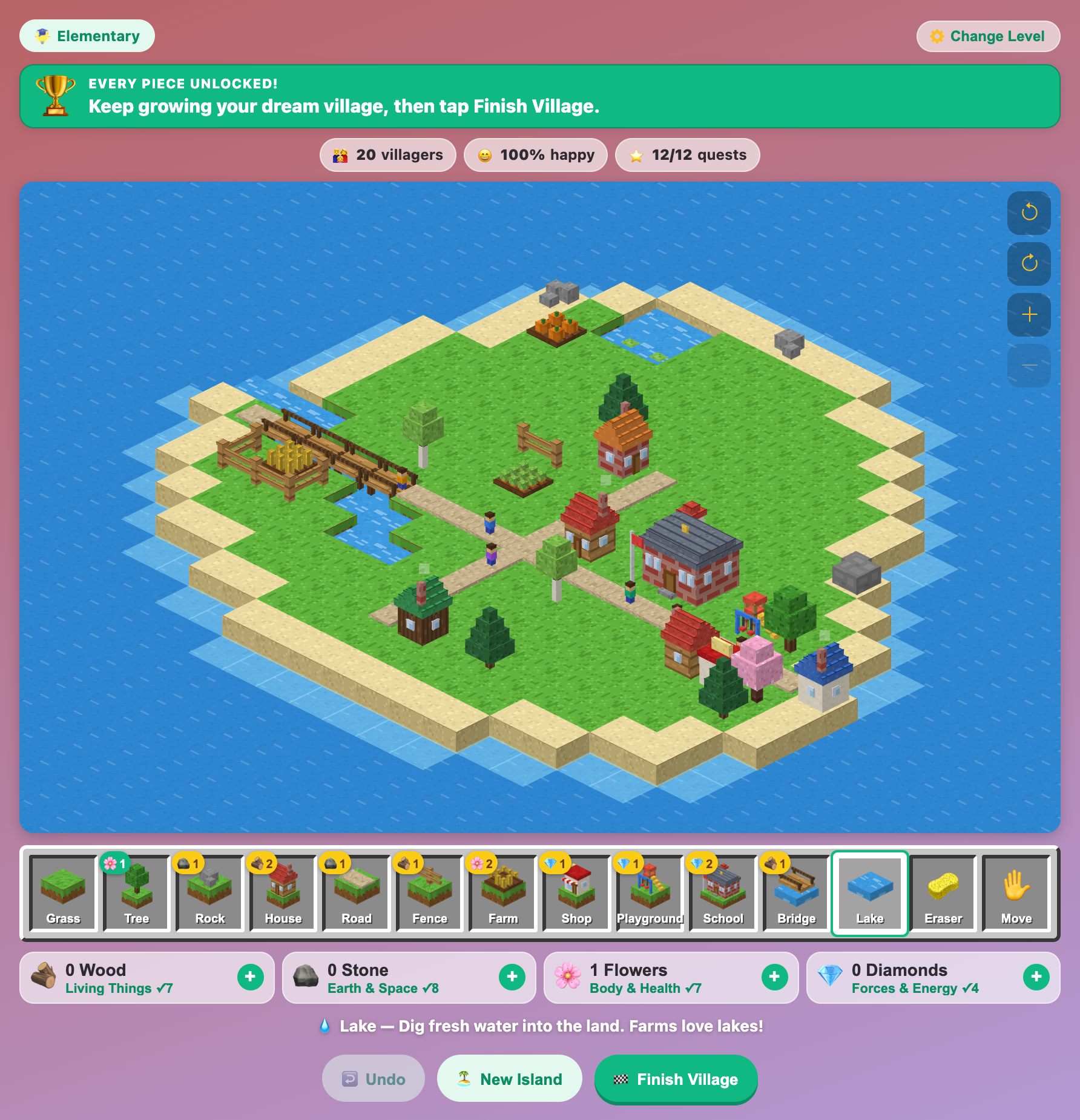 a finished blocky island village at the Elementary level with houses, a school, farms, a bridge and happy villagers