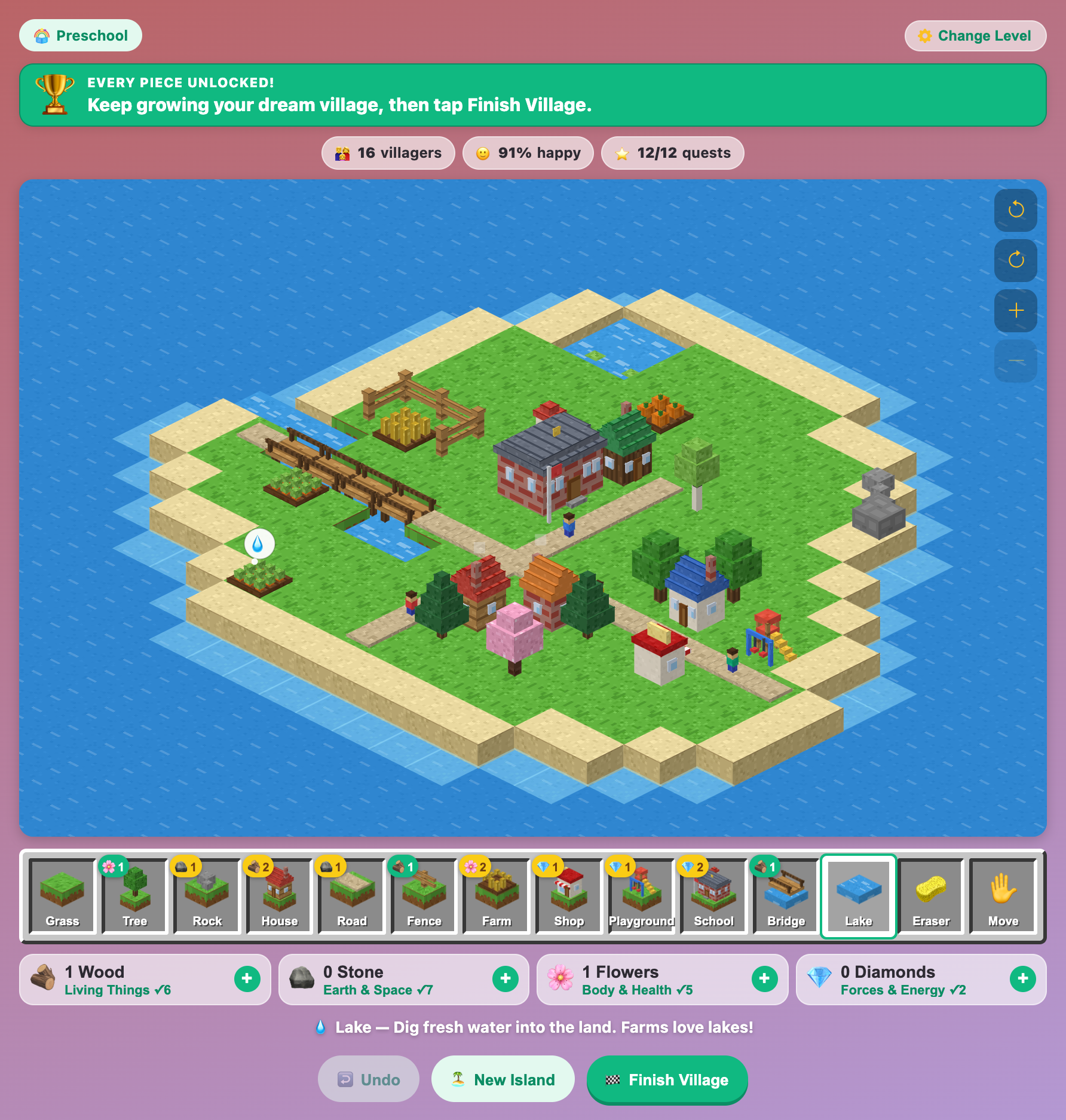 a preschool village in Science Village Builder where a farm far from water shows a water drop thought bubble