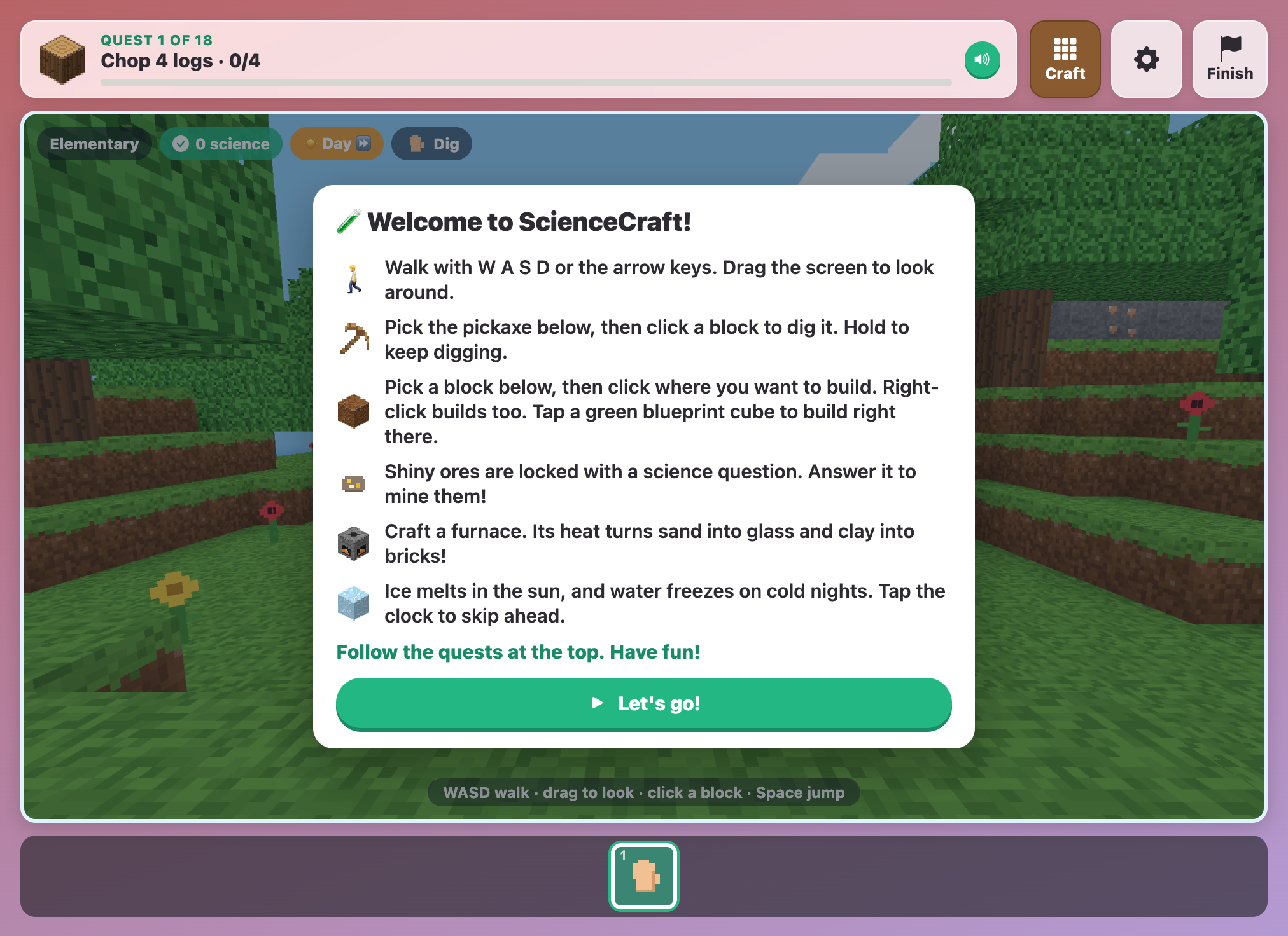 the Welcome to ScienceCraft card explaining how to walk, dig, build, answer ore questions and use the furnace