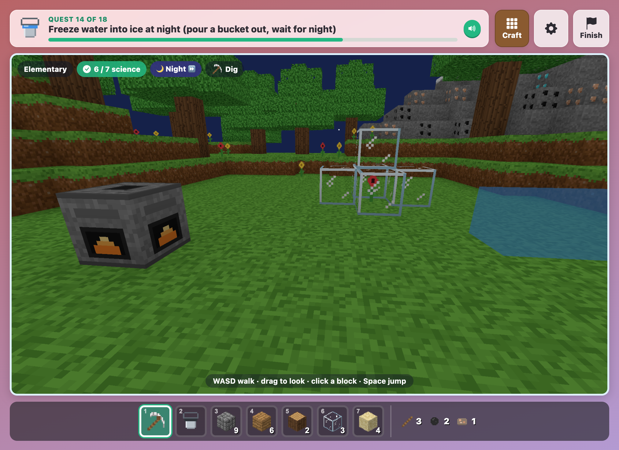 a sunny plot in ScienceCraft for kids with a stone furnace, a little glass greenhouse and poured water