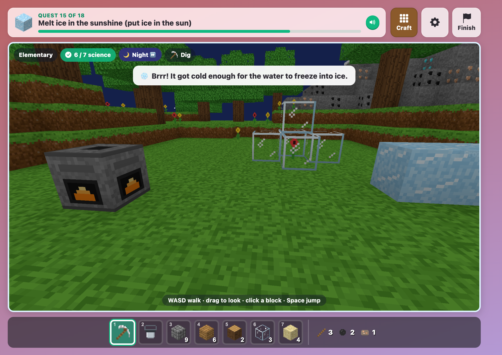 the same ScienceCraft plot at night, with the poured water frozen into a block of ice